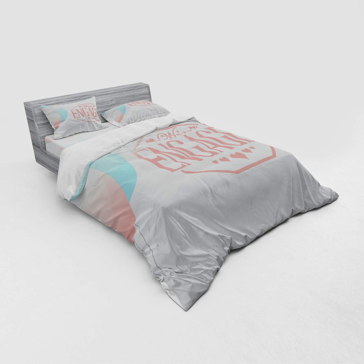 Ambesonne Engagement Party Duvet Cover Set - 'We Are Engaged' Celebration Design with Balloons & Hearts - 4-Piece Queen Size Bedding Set with Shams & Fitted Sheet - Pale Pink & Blue - Perfect for Engagement Parties, Bridal Showers & Newlywed Couples