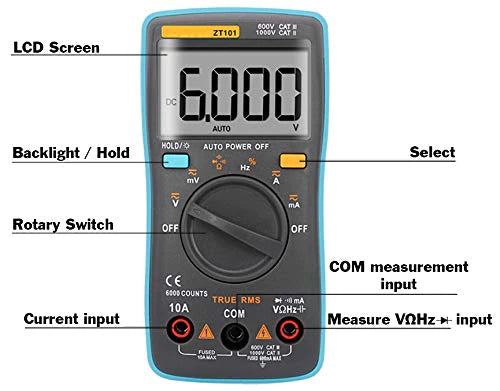 Auto Ranging True RMS Digital Multimeter with Backlit LCD Display (6000 Counts) - Measures AC/DC Voltage, Current, Resistance, Capacitance, Frequency - Perfect for Electricians, DIY Home Repairs & Automotive Diagnostics