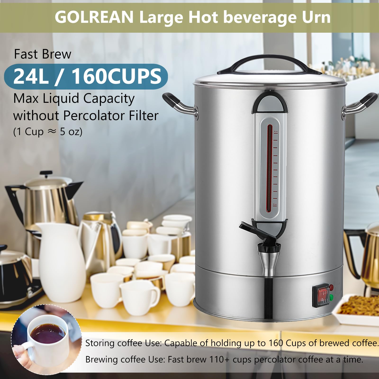 Commercial Grade 24L (160 Cup) Stainless Steel Coffee Urn - Fast Brewing Hot Water Dispenser for Large Events, Catering, Meetings, Churches & Schools - Durable Stainless Steel Construction for Office Breakrooms, Weddings, Banquets and Cafeterias