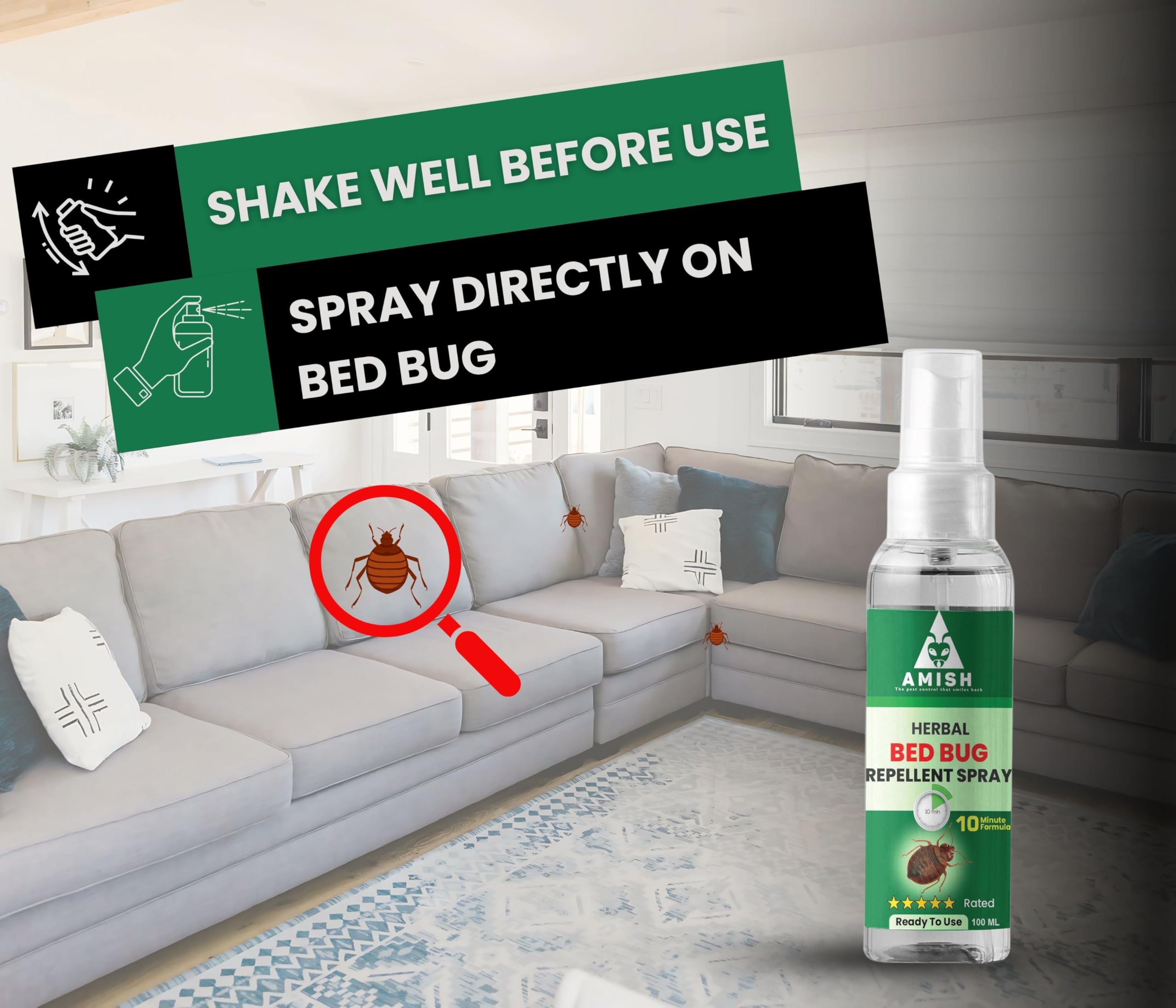 Amish Herbal Bed Bug Spray - 100% Organic & Chemical-Free | 10-Minute Fast-Acting Formula | Eliminates Entire Bed Bug Colony | Long-Lasting Home Protection (100ml) | Perfect for Mattresses, Furniture & Travel Use