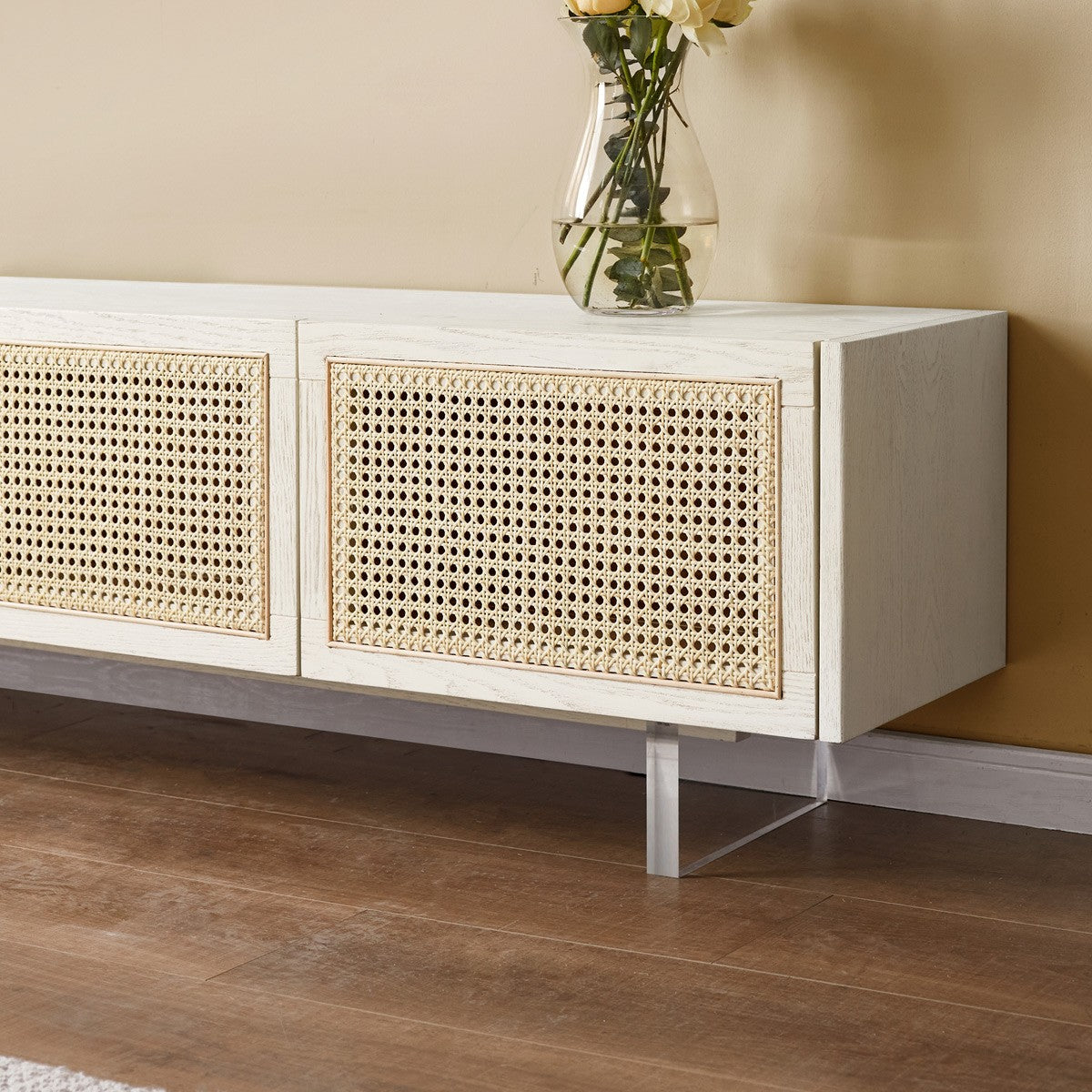 Solid Oak Wood Rattan TV Stand with LED Lights - Modern Cream Style Entertainment Center for Living Room, Bedroom & Home Theater