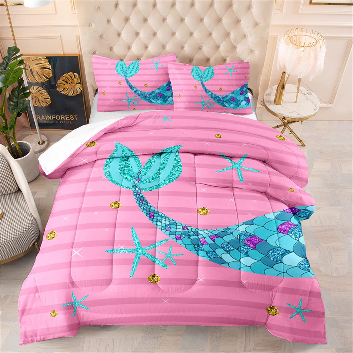 **EDUMEYA King Size Mermaid Comforter Set for Kids - 3D Microfiber Cartoon Mermaid Bedding with 1 Comforter & 2 Pillowcases - Perfect for Girls' Bedroom, Birthday Gifts & Themed Decor**