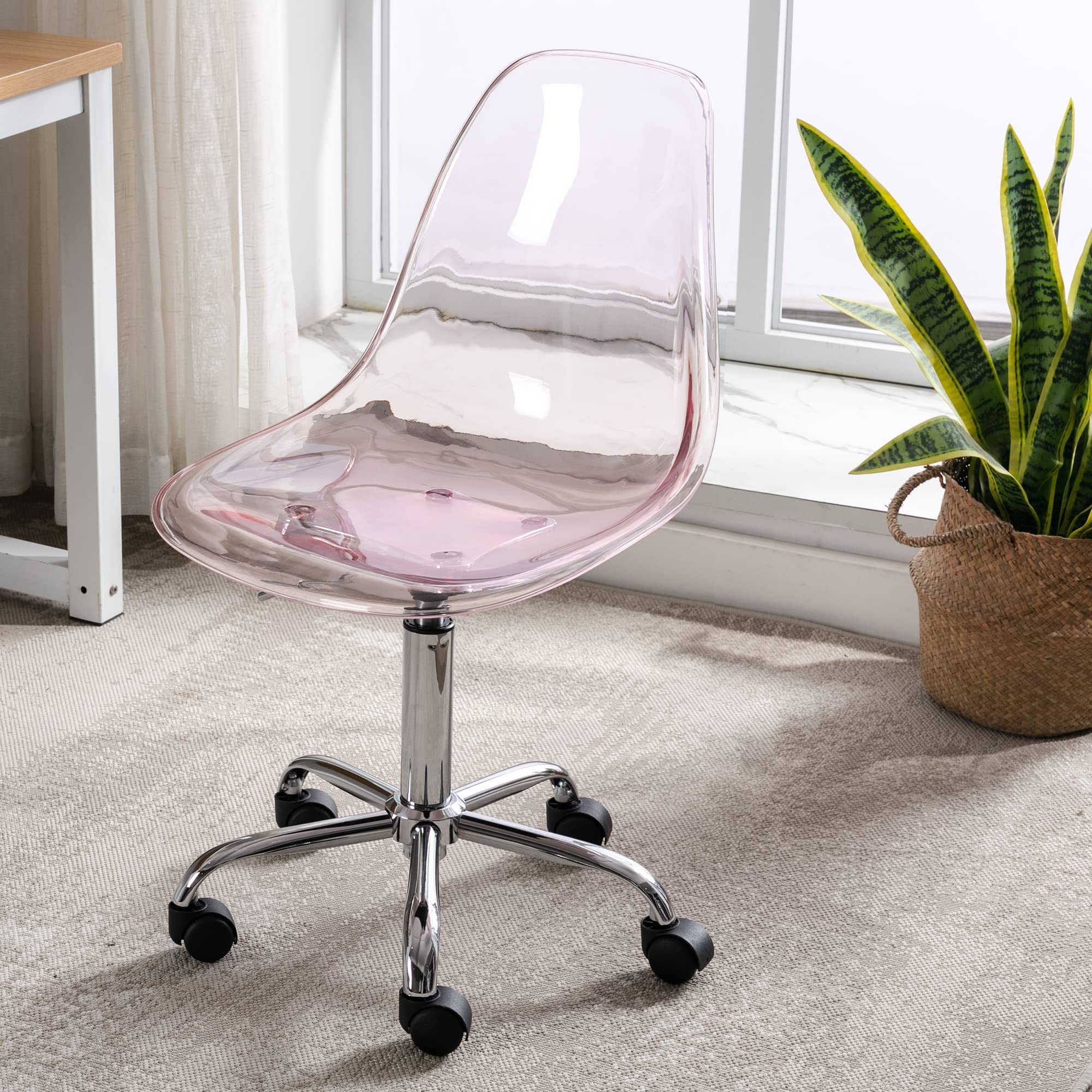 Modern Acrylic Clear Desk Chair - Adjustable Height Rolling Plastic Vanity Chair for Home Office, Small Cute Armless Ghost Chair with Wheels (Pink) - Perfect for Workspaces, Makeup Areas & Modern Decor