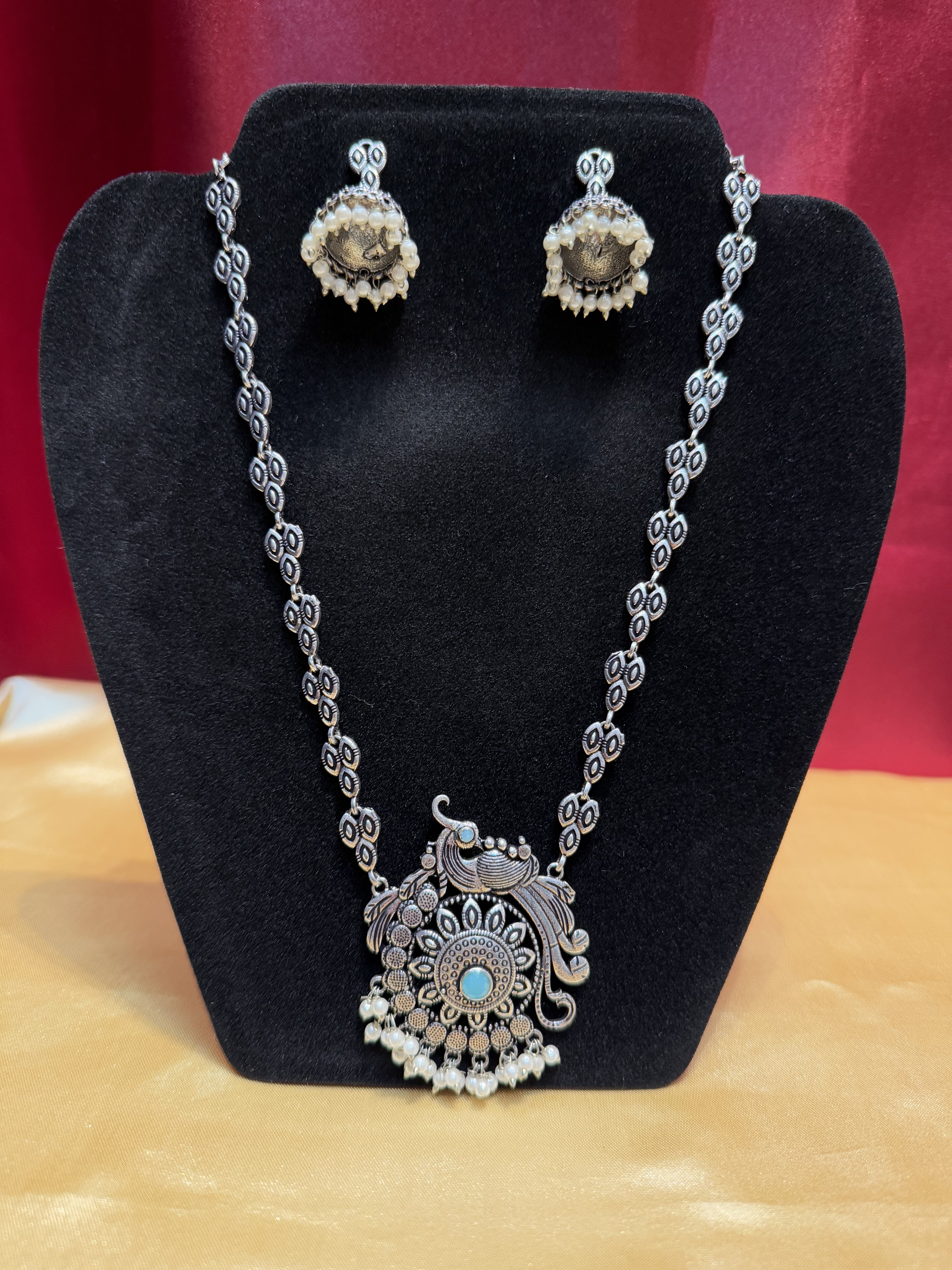 Elegant Sky Blue Peacock Design Oxidized Necklace with White Beads & Jhumka - Perfect for Weddings, Parties & Boho Fashion Accessories
