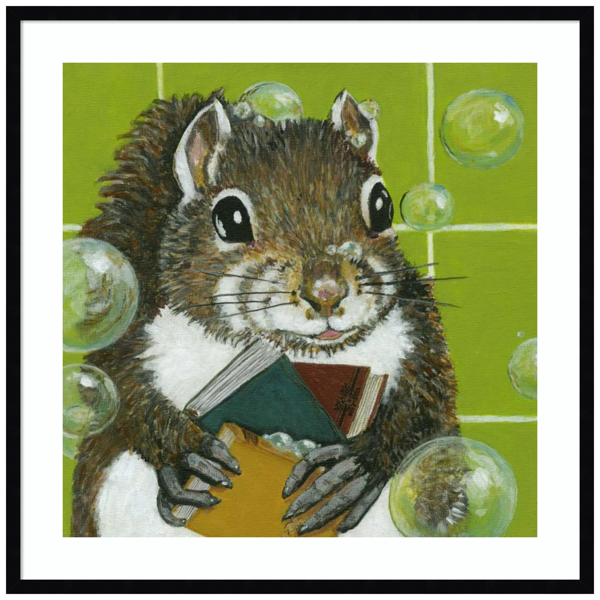 Amanti Art Bubbles - Ayman (Squirrel) by Dlynn Roll Wood Framed Wall Art Print - 33x33 Inches - Svelte Noir Black Frame - Perfect for Living Room, Bedroom & Office Decor