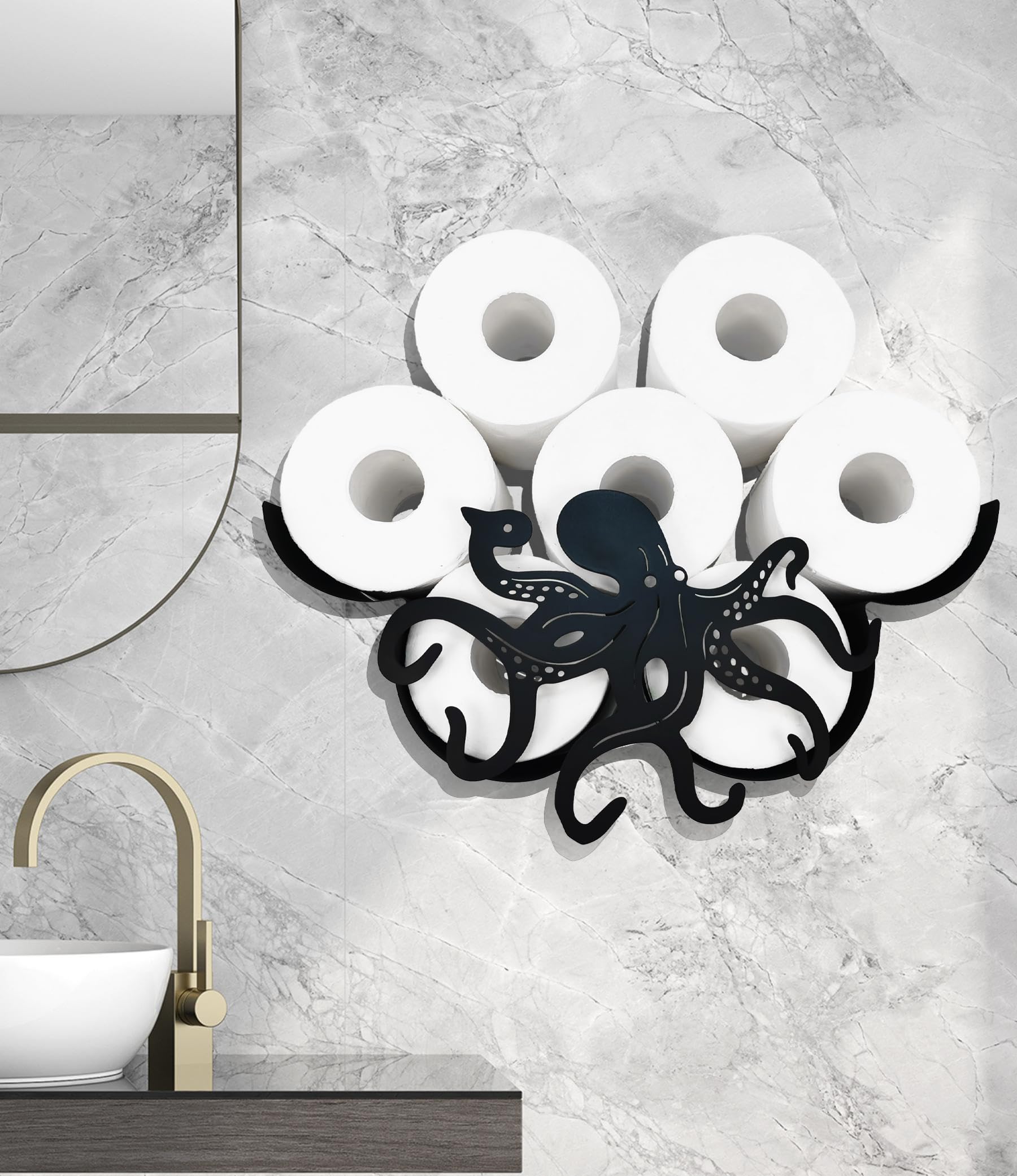 Black Octopus Metal Wall Toilet Paper Holder - Animal Decorative Bathroom Tissue Storage Organizer with 8-Roll Capacity - Perfect for Coastal, Nautical, or Kids' Bathroom Decor