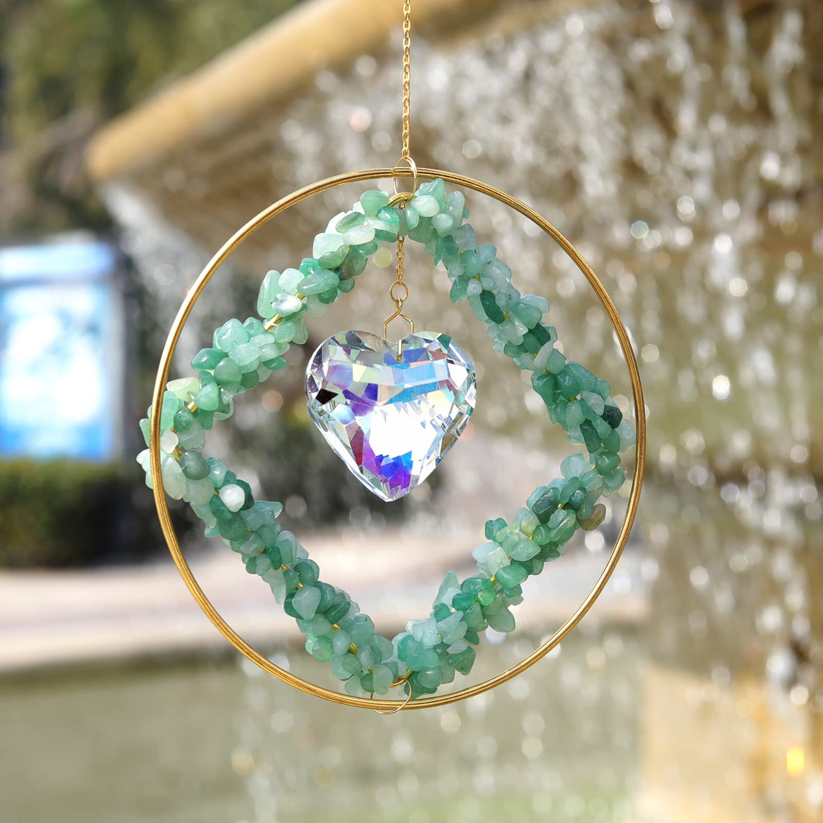 Natural Green Stone Suncatcher Crystal Heart Prism Pendant - Rainbow Maker Window Hanging Decor for Home, Garden & Gifts - Creates Stunning Light Reflections for Meditation & Relaxation Spaces