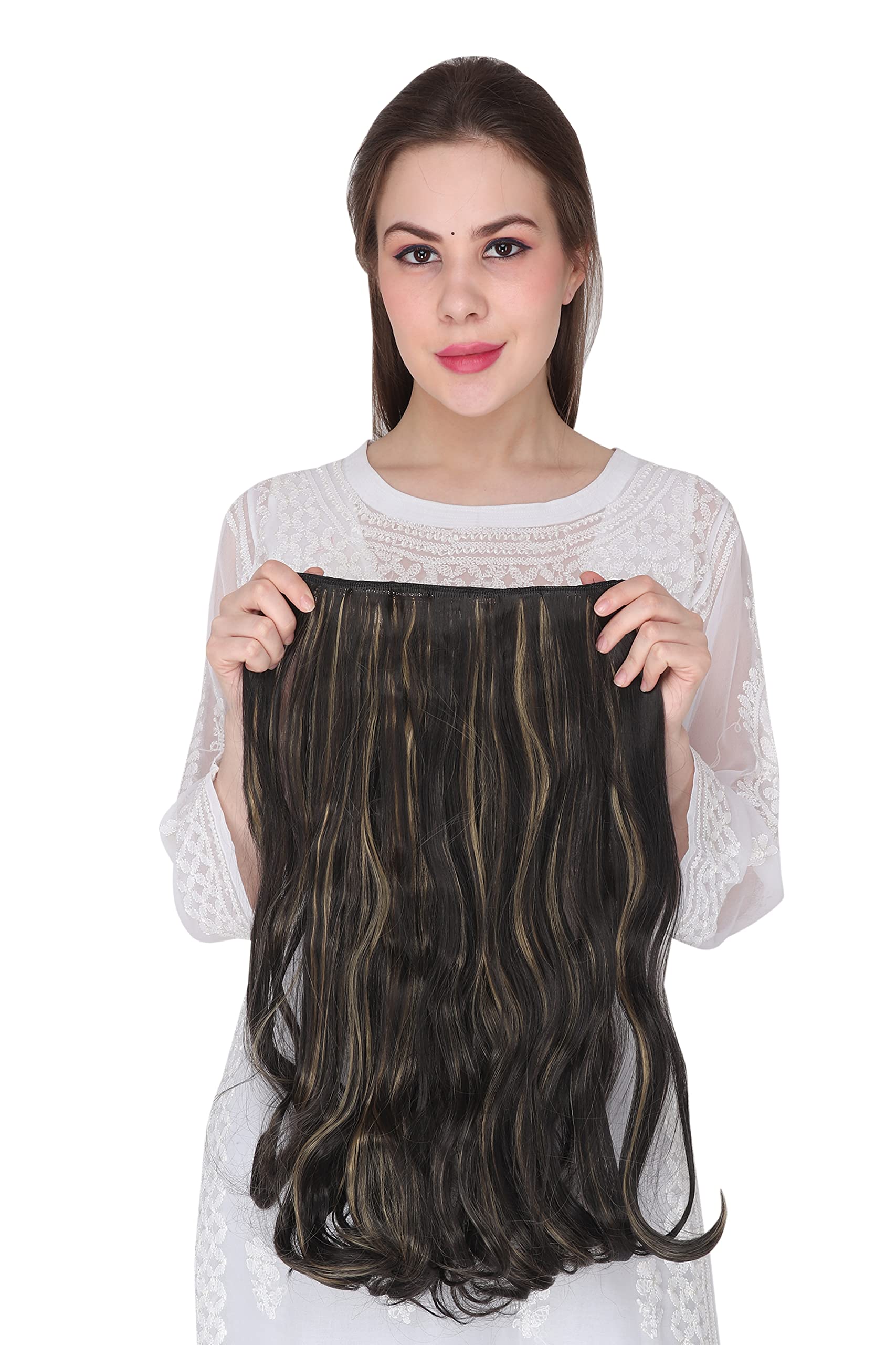 DELORUS 5 Clip-in Synthetic Hair Extensions - Brown with Golden Highlights, Curly/Wavy Style, Natural Looking Human Hair for Women & Girls | Perfect for Parties, Weddings & Daily Styling