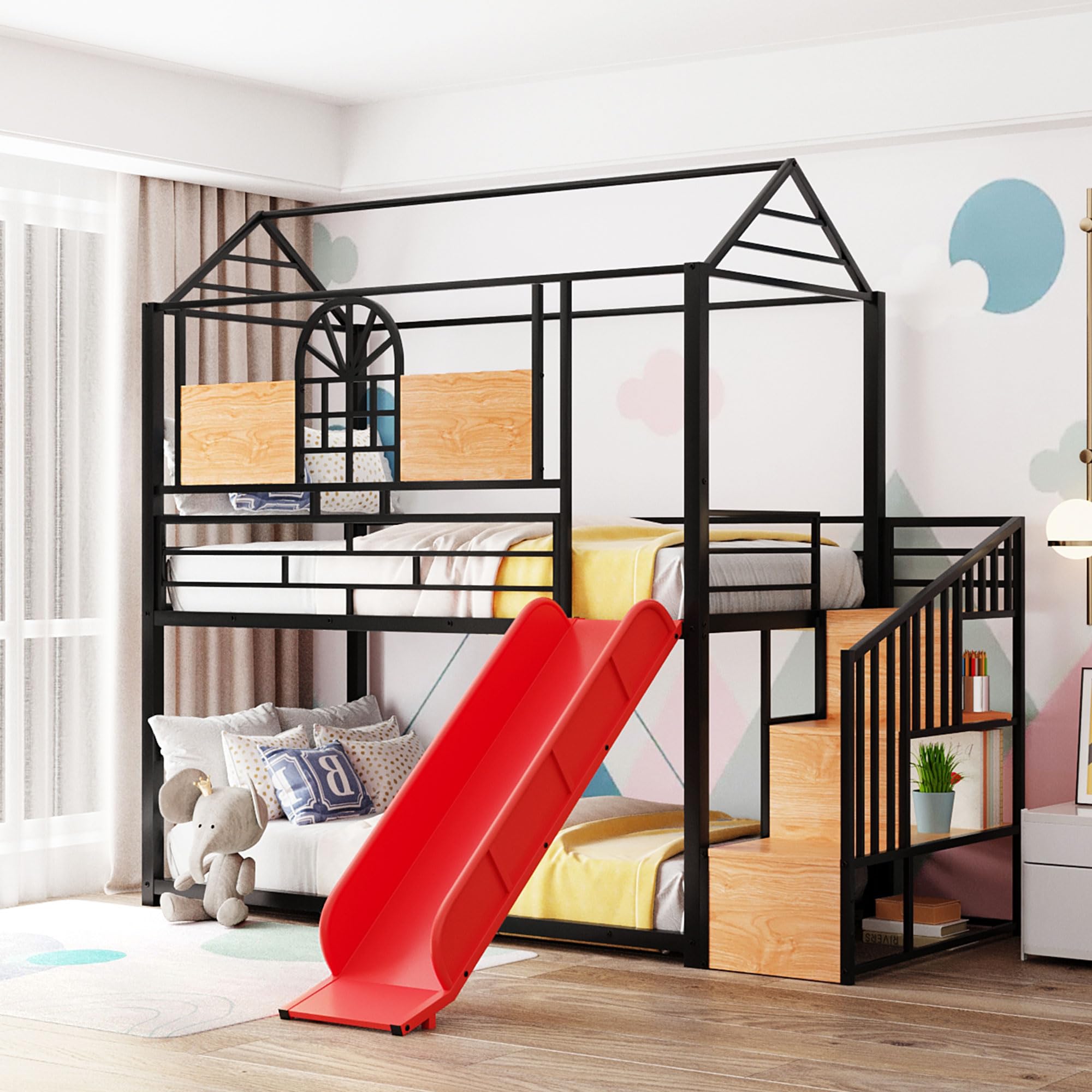 Harper & Bright Designs Twin Over Twin Bunk Bed with Slide & Convertible Staircase - Kids Metal Bunk Bed Frame with Storage - No Box Spring Needed - Black & Red - Perfect for Kids' Bedrooms, Guest Rooms & Space-Saving Solutions