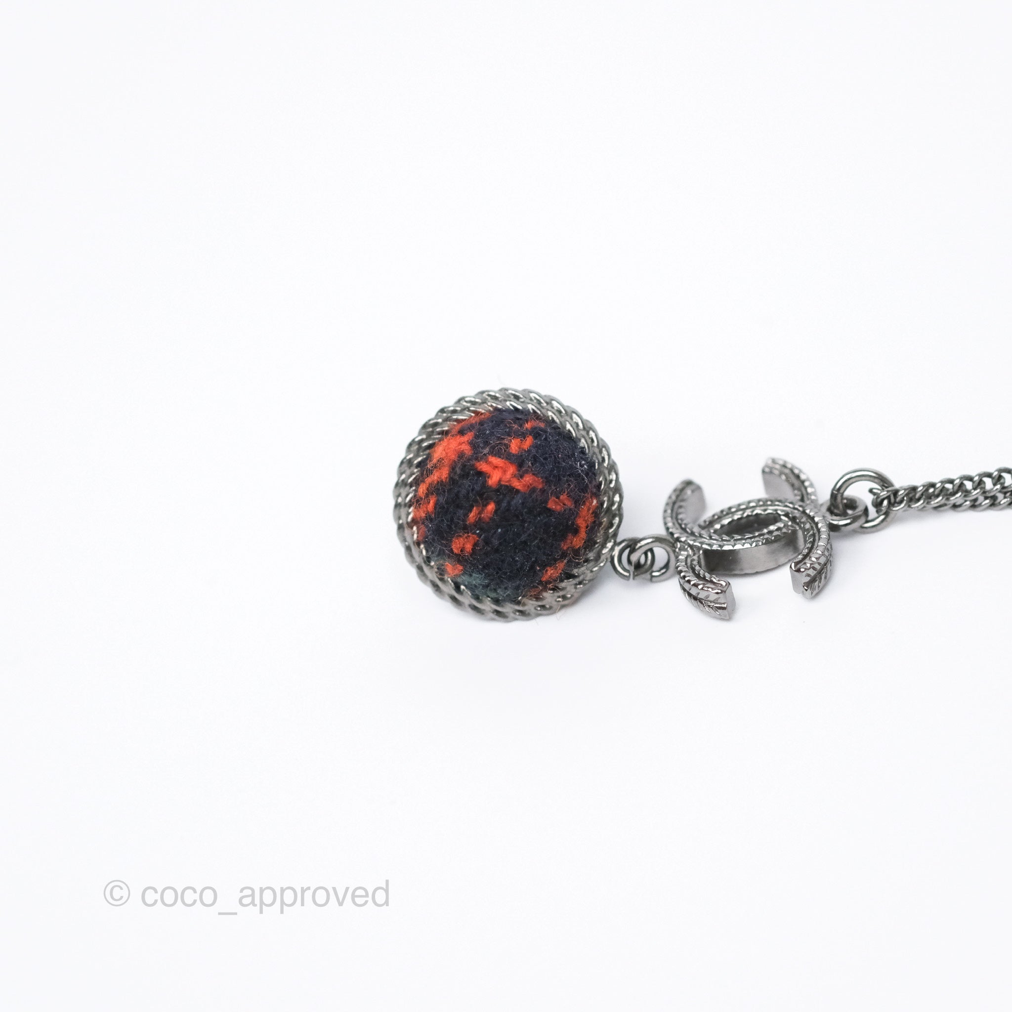 Chanel CC Fabric Sphere Pendant Necklace in Gun Metal - Elegant Statement Jewelry for Women, Perfect for Parties, Date Nights & Special Occasions