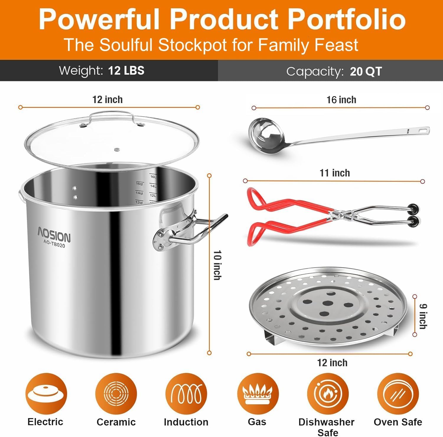 AOSION 20QT Stainless Steel Steamer Pot with 200,000 BTU Heavy Duty Propane Burner - Outdoor Cooking Fryer for Seafood, Crab, Vegetables & Tamales | Includes Steamer Rack, Canning Jar Lifter & Soup Ladle | Perfect for Backyard BBQs, Camping & Large Gatherings