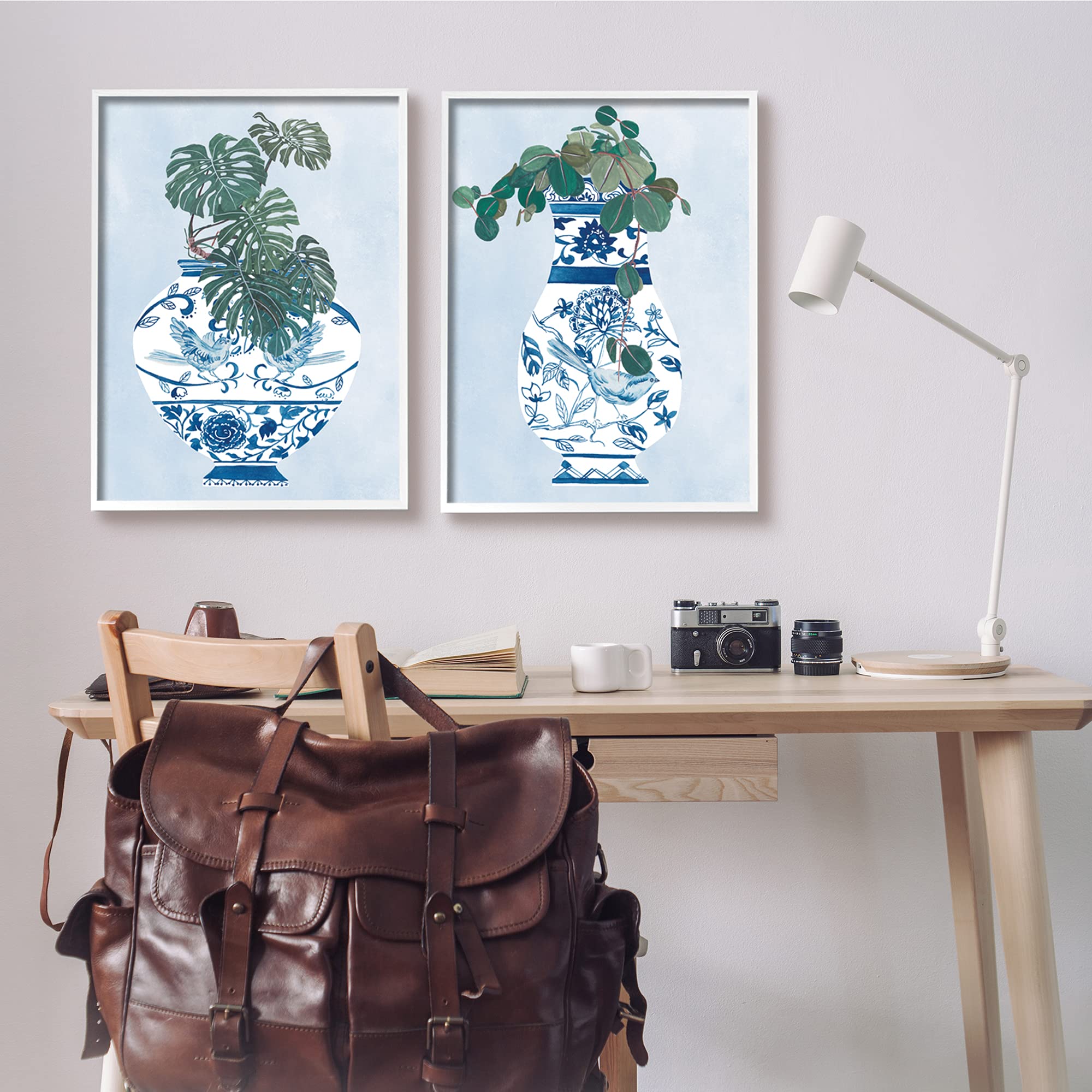 Elegant Indoor Plant Still Life Wall Art - Blue Vases White Framed Canvas Print Set of 2 (24x30 inches) by Stupell Industries | Perfect for Living Room, Bedroom & Office Decor