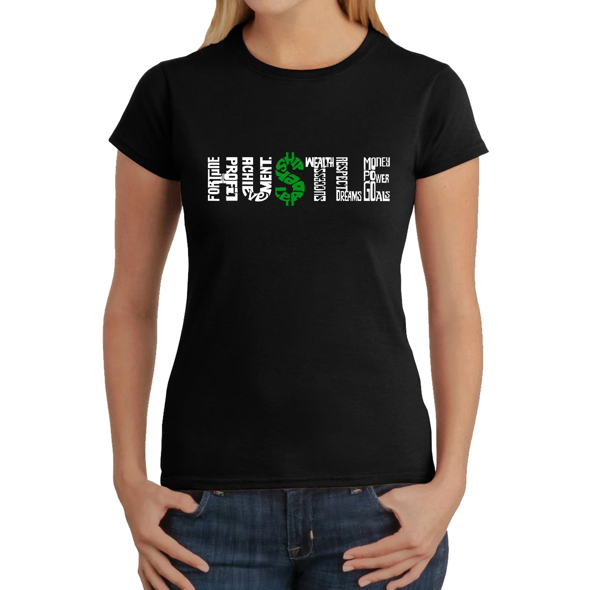 LA POP ART Women's Hustle Word Art Graphic T-Shirt - Trendy Casual Tee for Workout, Gym, Streetwear & Everyday Fashion