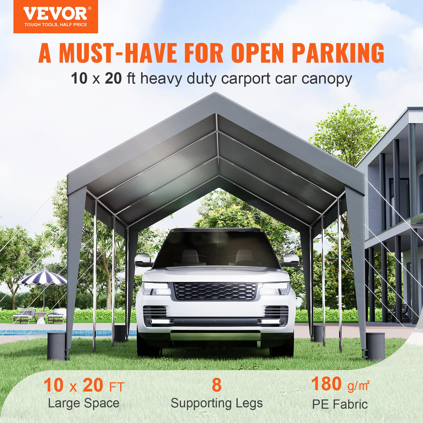 VEVOR 10x20ft Heavy Duty Carport Canopy - UV Resistant Waterproof Shelter for Cars, SUVs, Trucks & Boats | Reinforced Frame with 8 Poles & 4 Weight Bags | Perfect for Outdoor Parking, Parties & Events