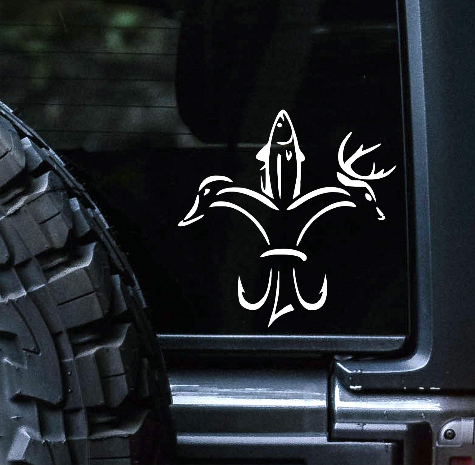 Duck Fish Deer Fleur Decal Vinyl Car Sticker - 5.5 Inch White Hunting & Fishing Decals for Cars, Trucks, Vans, Walls & Laptops | Perfect for Outdoor Enthusiasts & Vehicle Customization | SGD000219