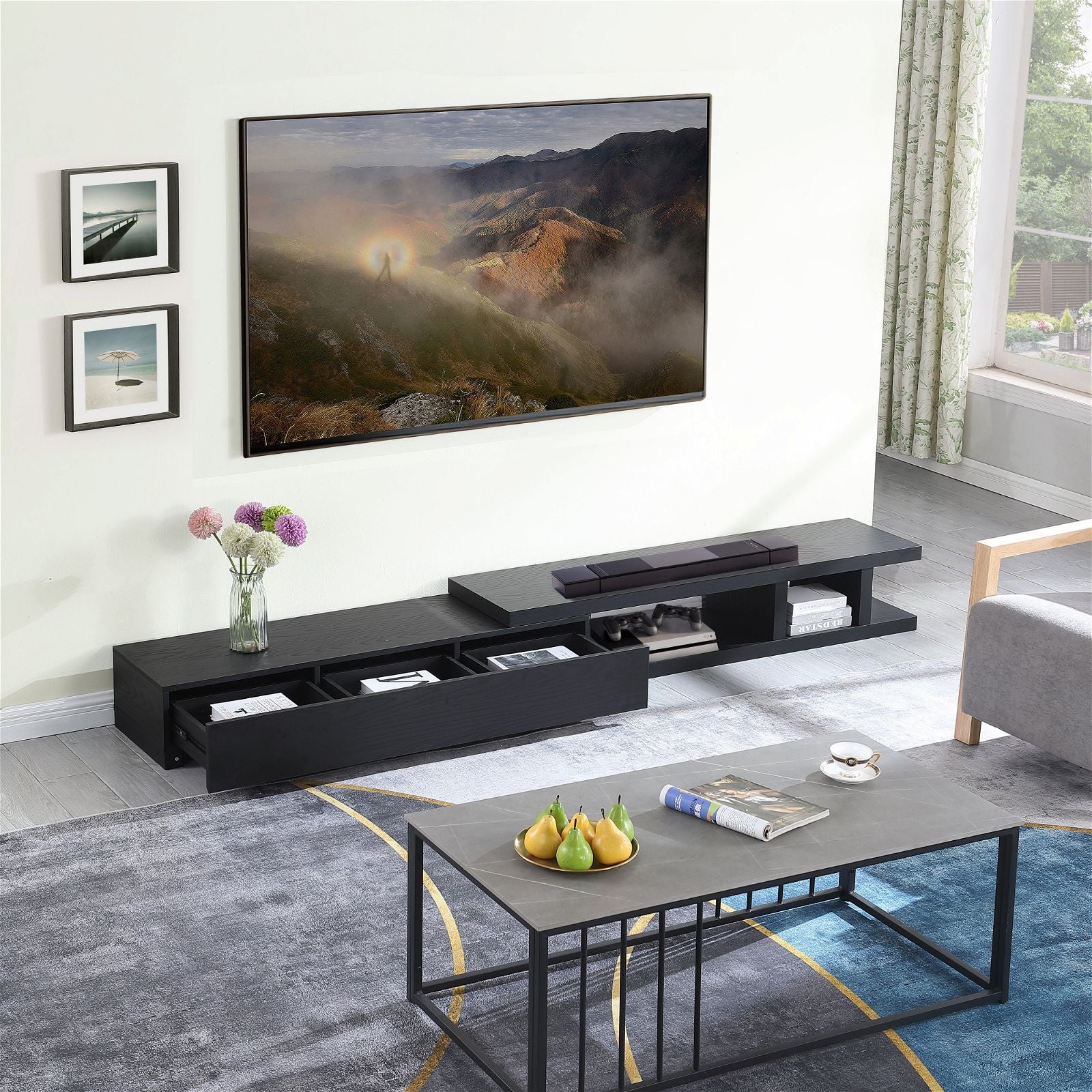 Criterion Coventry Extendable TV Stand 279cm - Black Oak Entertainment Center for Living Room, Home Theater & Media Storage