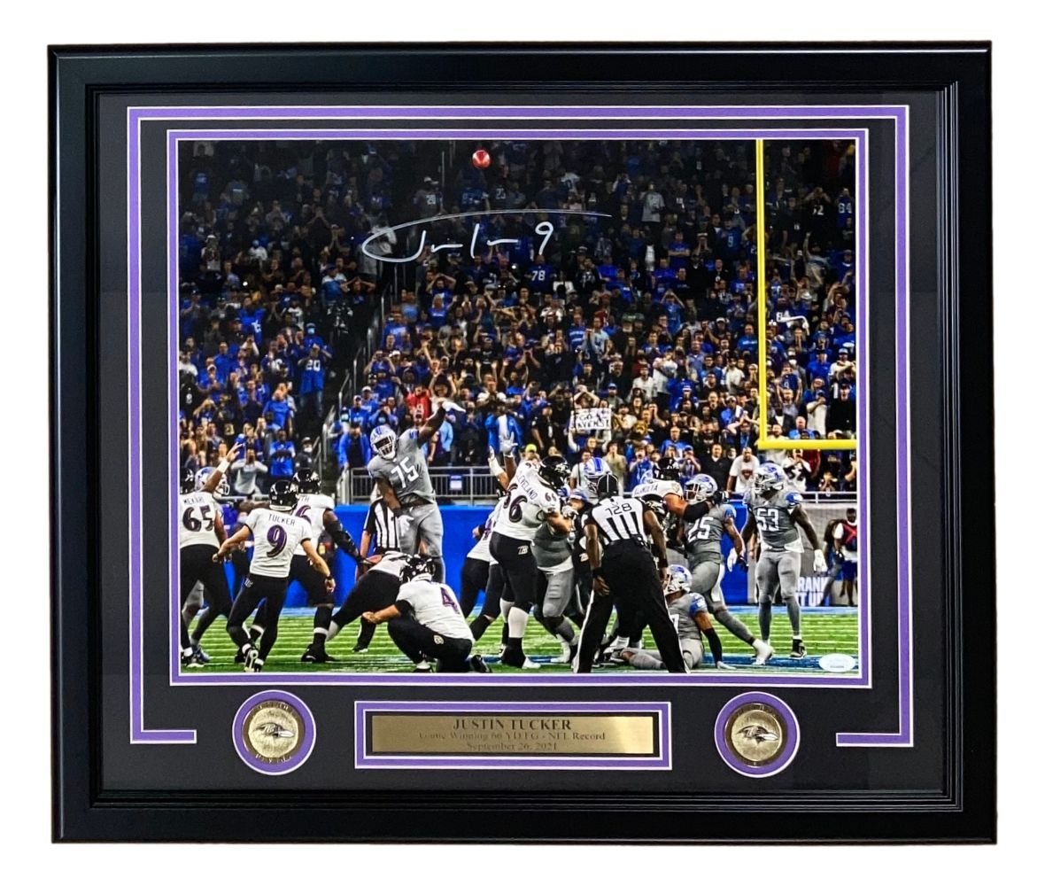 Justin Tucker Autographed Signed 16x20 Framed Photo - Baltimore Ravens NFL Record Kick - JSA Certified - Perfect for Sports Memorabilia Collections & Man Cave Decor