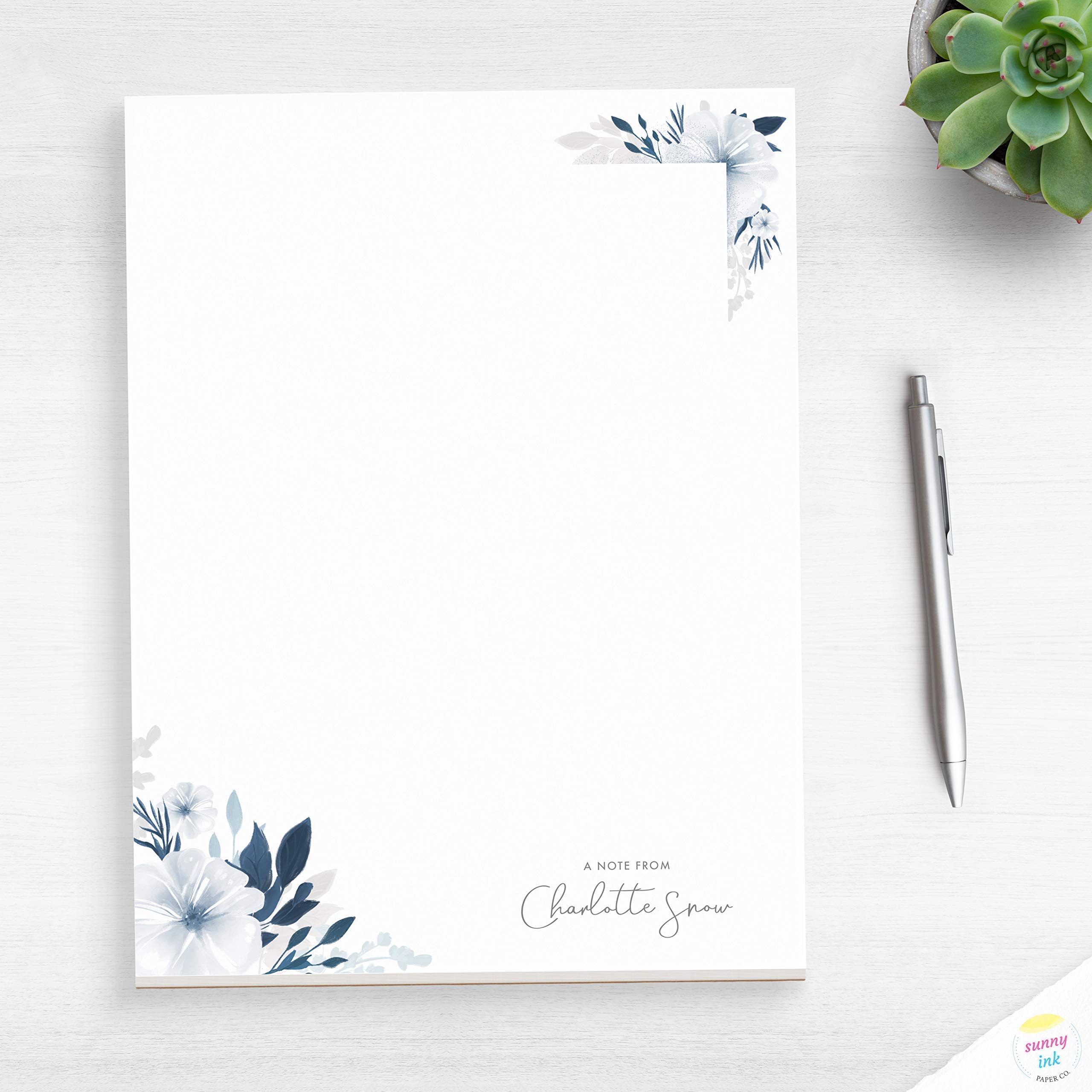 Custom Watercolor Floral Notepad - Personalized Blue Floral Desk Pad for Office, Journaling & Gift Giving