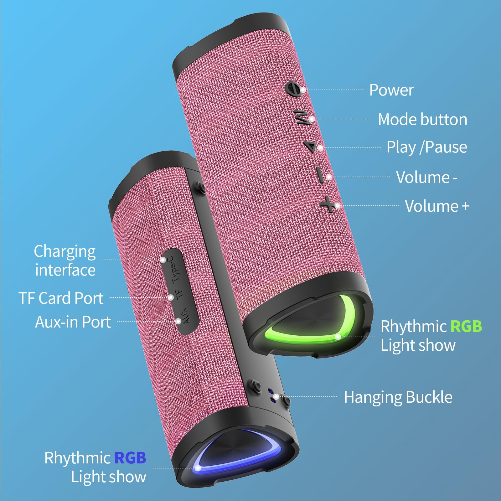 Vanzon V40 Bluetooth Speaker - 24W Loud Stereo Sound, Wireless Portable Speaker with TWS, IPX7 Waterproof & 24H Playtime | Perfect for Travel, Home, Outdoor, Beach, Pool Parties & Camping (Pink)