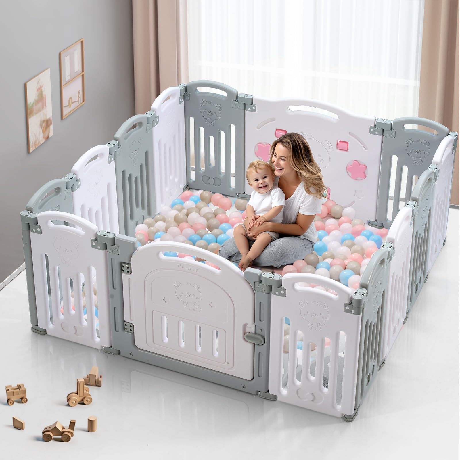 Uanlauo 14-Panel Baby Playpen - Safe & Sturdy Play Yard for Babies & Toddlers | Easy Assemble, Foldable & Portable Indoor/Outdoor Use | Perfect for Home, Nursery, Park & Travel (Grey)