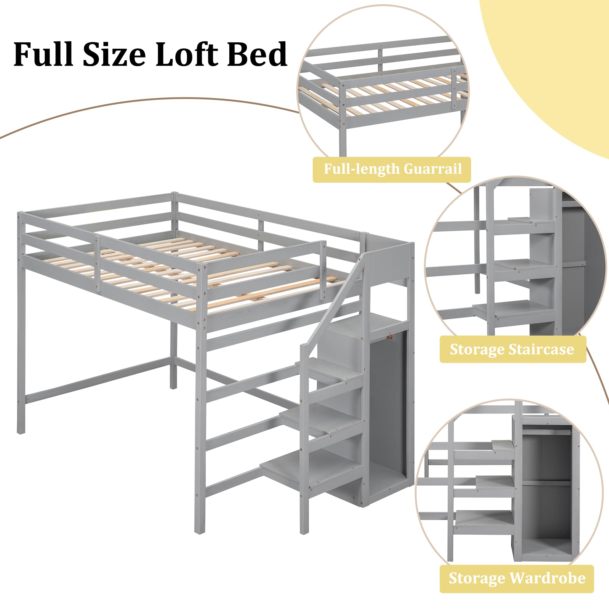 Polibi Full Size Wooden Loft Bed with Built-in Wardrobe & Staircase - Space Saving Storage Bed Frame with Guardrails, No Box Spring Needed, Grey - Perfect for Kids Rooms, Dormitories & Small Apartments