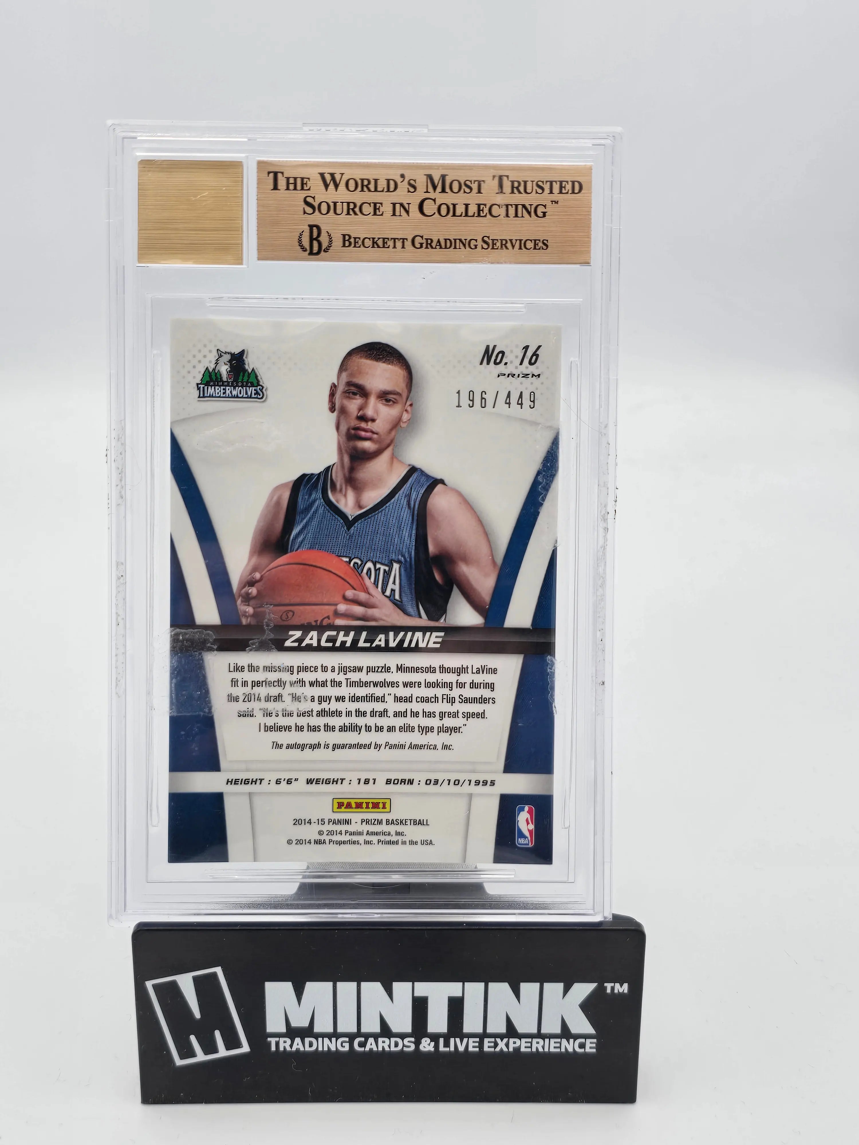 2014 Panini Prizm Zach LaVine Rookie Card Blue Prizm Auto BGS 9.5/449 - NBA Basketball Collectible for Display & Investment