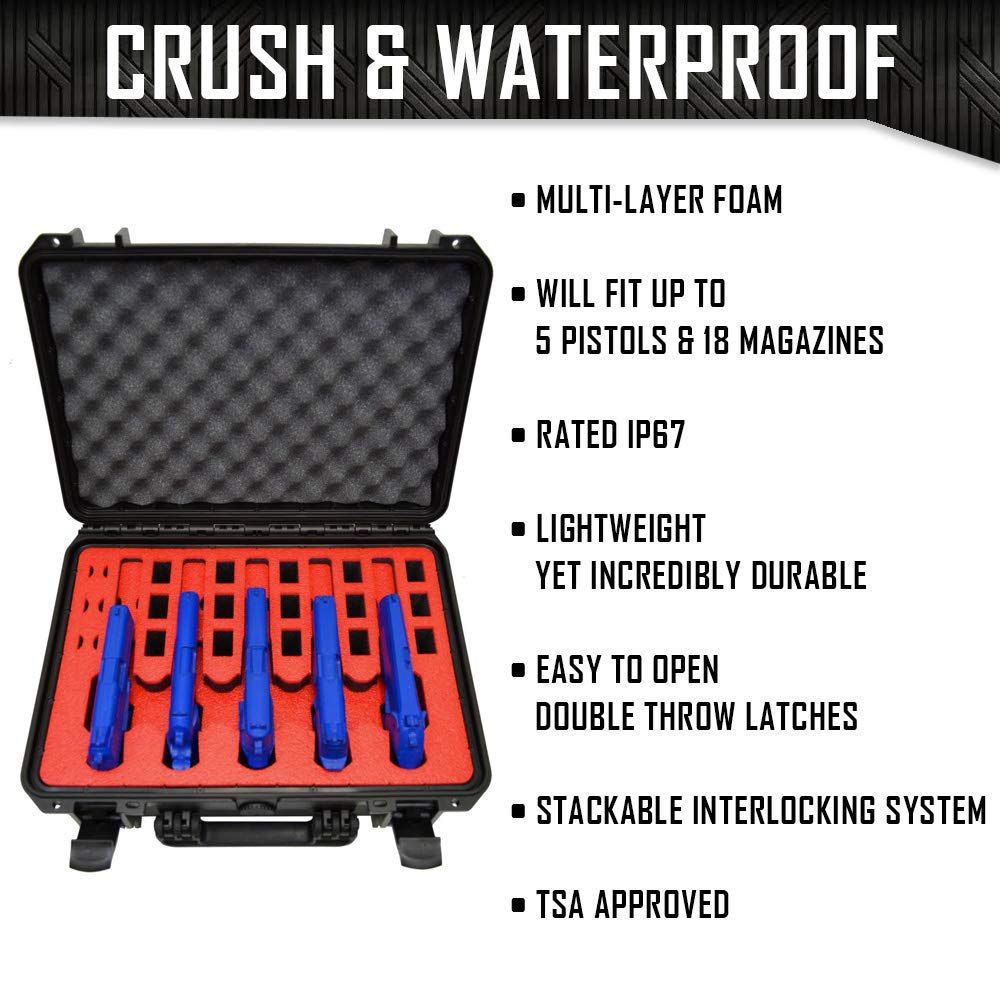 5 Pistol 18 Magazine Heavy Duty Tactical Gun Case with Custom Foam Insert - Waterproof Firearms & Ammo Storage (18x14x7 Inches) - Perfect for Range, Hunting & Secure Transport