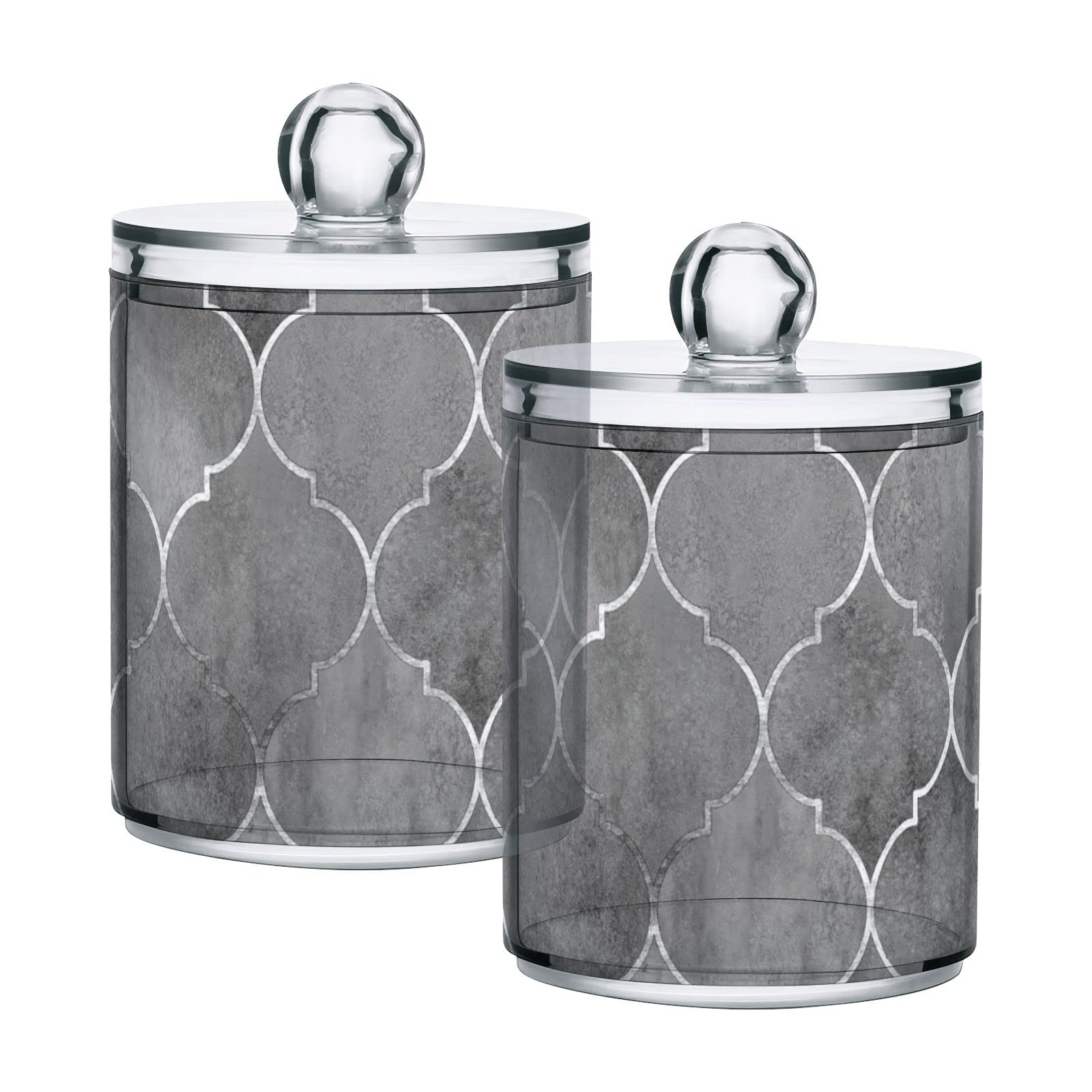 Set of 2 Grey Moroccan Geometric Plastic Storage Jars with Lids - 10oz Translucent Food Containers for Tea, Cookies & Cotton Swabs | Airtight Kitchen & Bathroom Organization