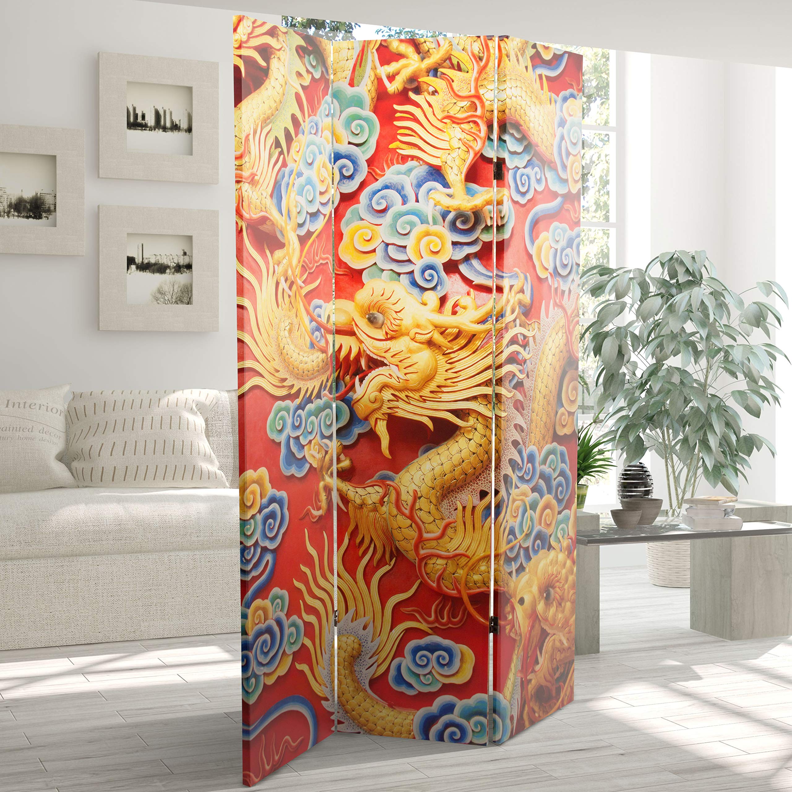 6 ft Tall Traditional Chinese Emperor Dragon Room Divider - Red Lantern Design in Black, White & Orange | Asian Home Decor, Feng Shui Screen, Living Room Partition, Event Backdrop