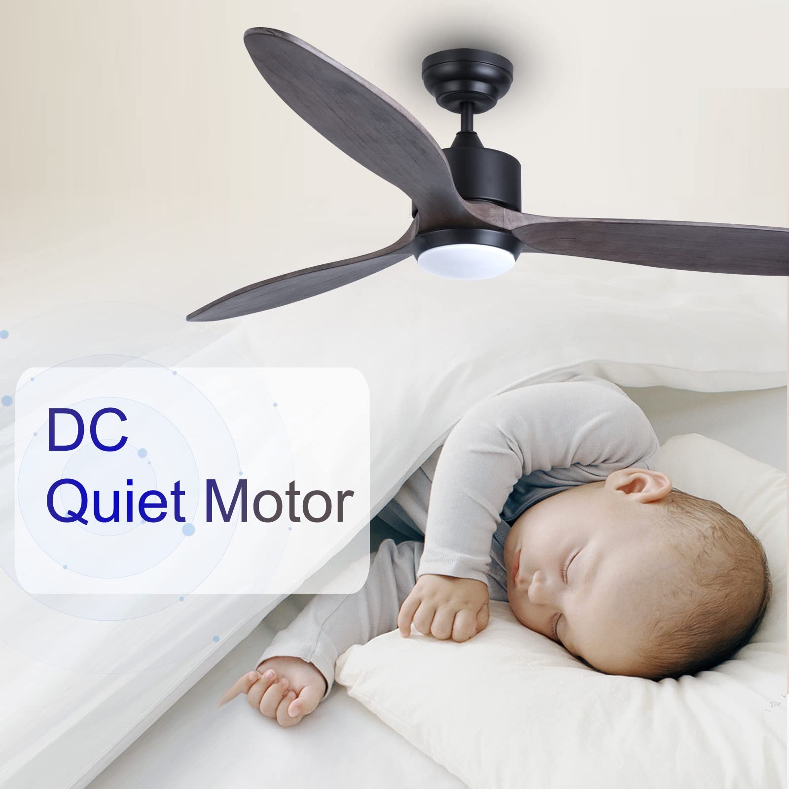 60 Inch Smart Ceiling Fan with Light and Remote - 6 Speed Quiet DC Motor - Indoor/Outdoor Use for Patio, Living Room, Bedroom - 3 Wood Blades - Perfect for Cooling and Decorating Your Home Spaces