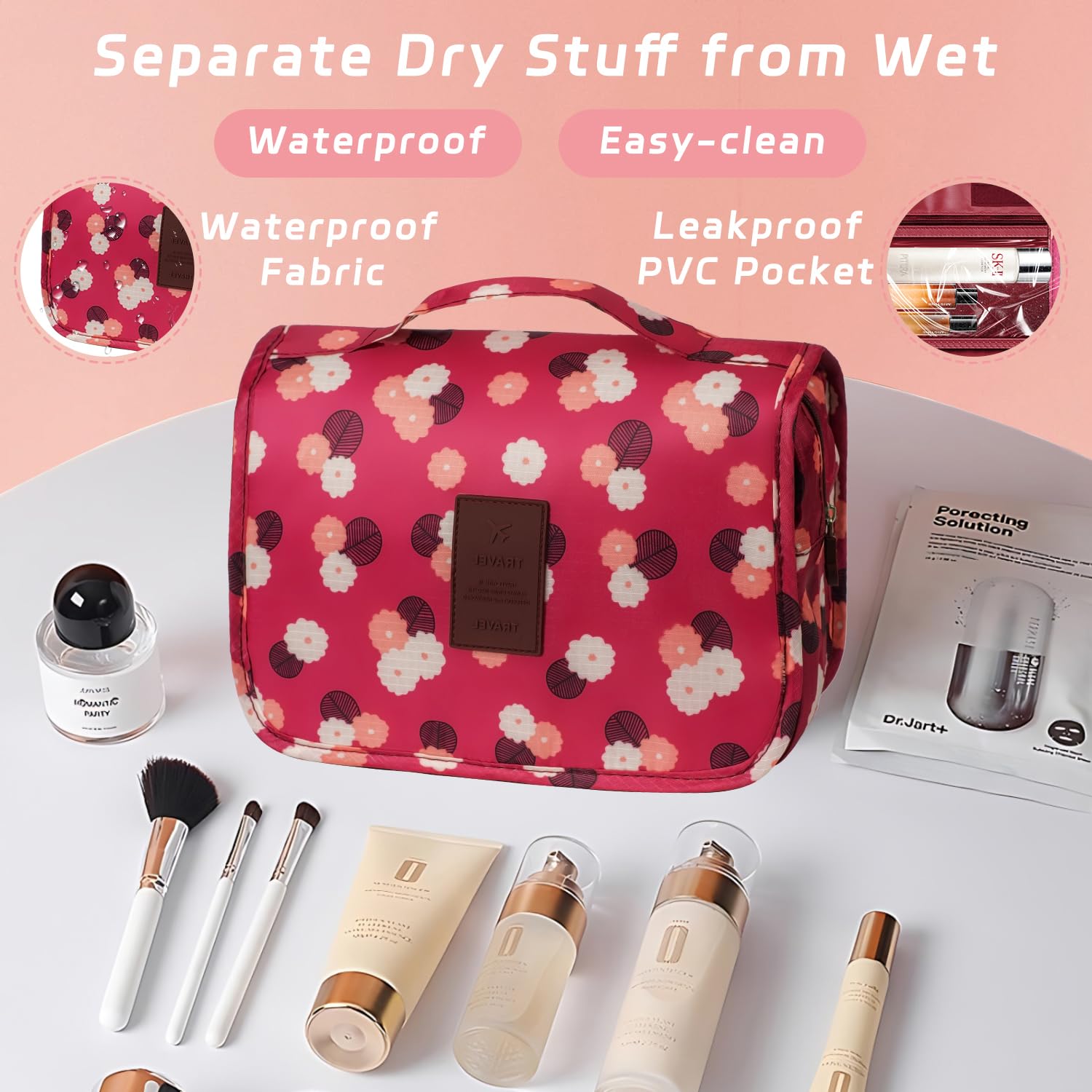 Waterproof Hanging Toiletry Bag for Travel - Multifunctional Makeup Organizer with Hook for Women & Men (Wine Red Flower) | Perfect for Camping, Gym & Business Trips