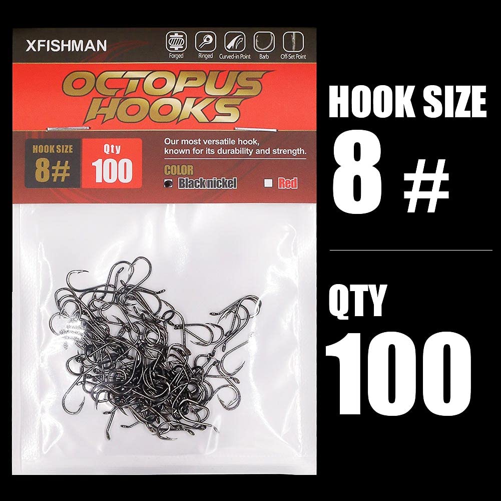 Octopus Fishing Hooks - 50/100 Pack Circle Beak Hooks for Freshwater Saltwater Fishing - Red & Black Color - Ideal for Bass, Trout, and Catfish Angling