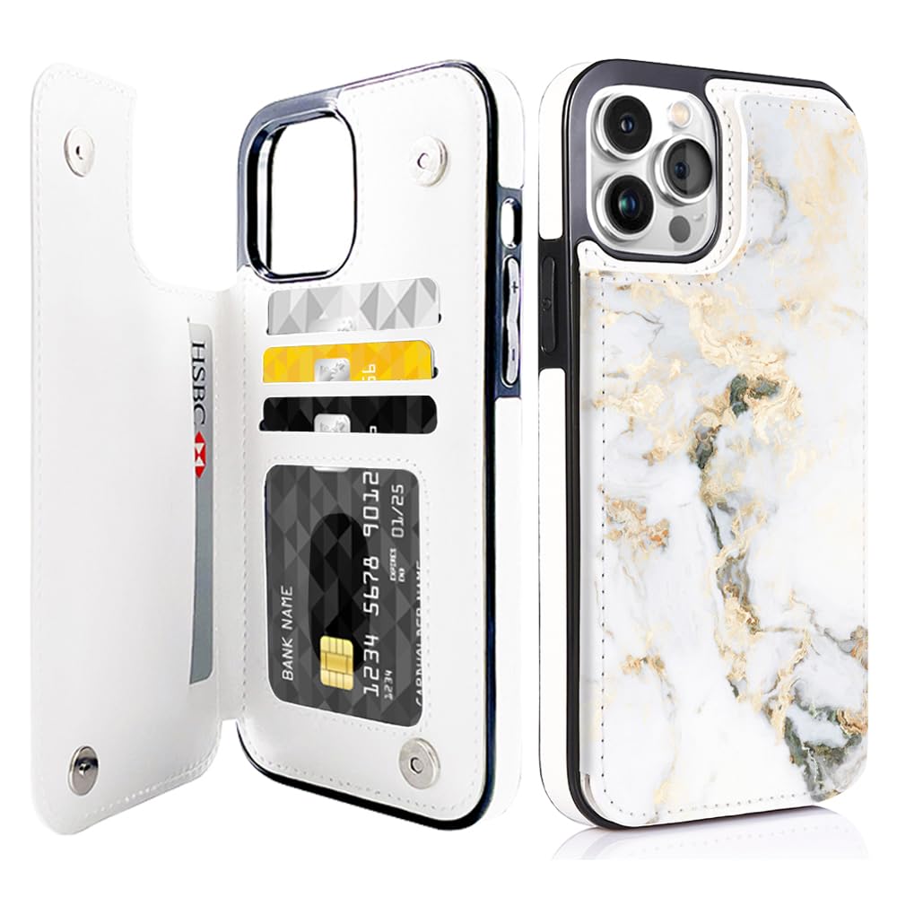 White Golden Marble iPhone 13/12 Pro Max Wallet Case with Card Holder & Kickstand - Slim Protective Flip Cover with Card Slots for 6.7 Inch iPhone - Perfect for Business, Travel and Everyday Use