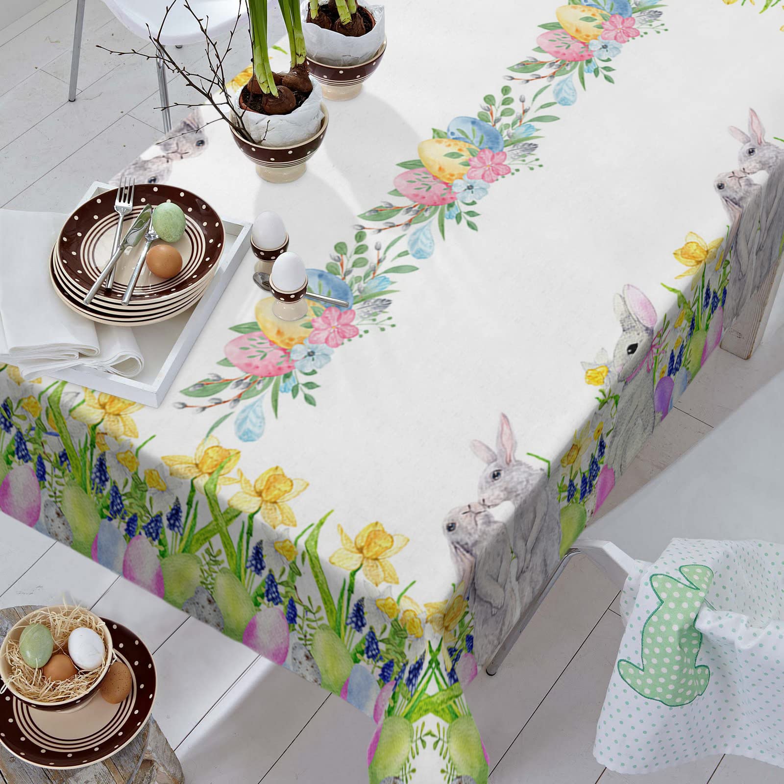 Easter Tablecloth - Bunny Eggs Flowers Design, Waterproof & Oil-Proof, Spillproof Kitchen Table Cover for Easter Decorations (60x120 Inches) - Perfect for Easter Brunch, Spring Parties & Holiday Dining Decor