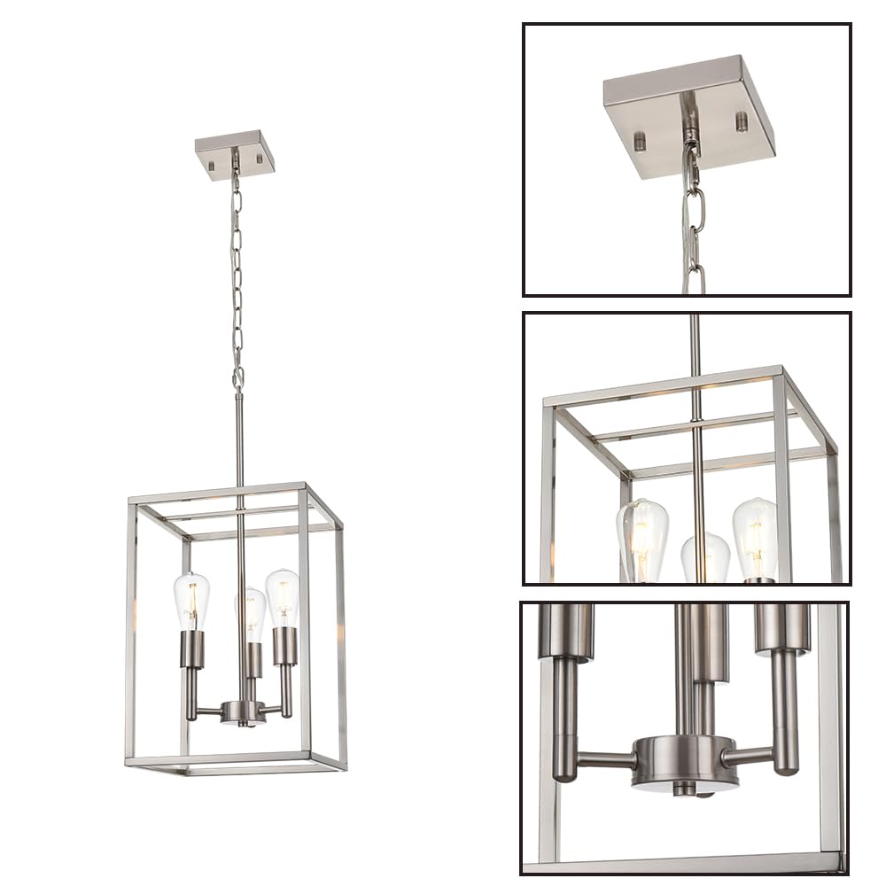 3-Light Brushed Nickel Chandelier - Industrial Pendant Lighting Fixture with Modern Metal Cage Design for Ceiling - Perfect for Foyer, Dining Room, Kitchen Island & Farmhouse Decor