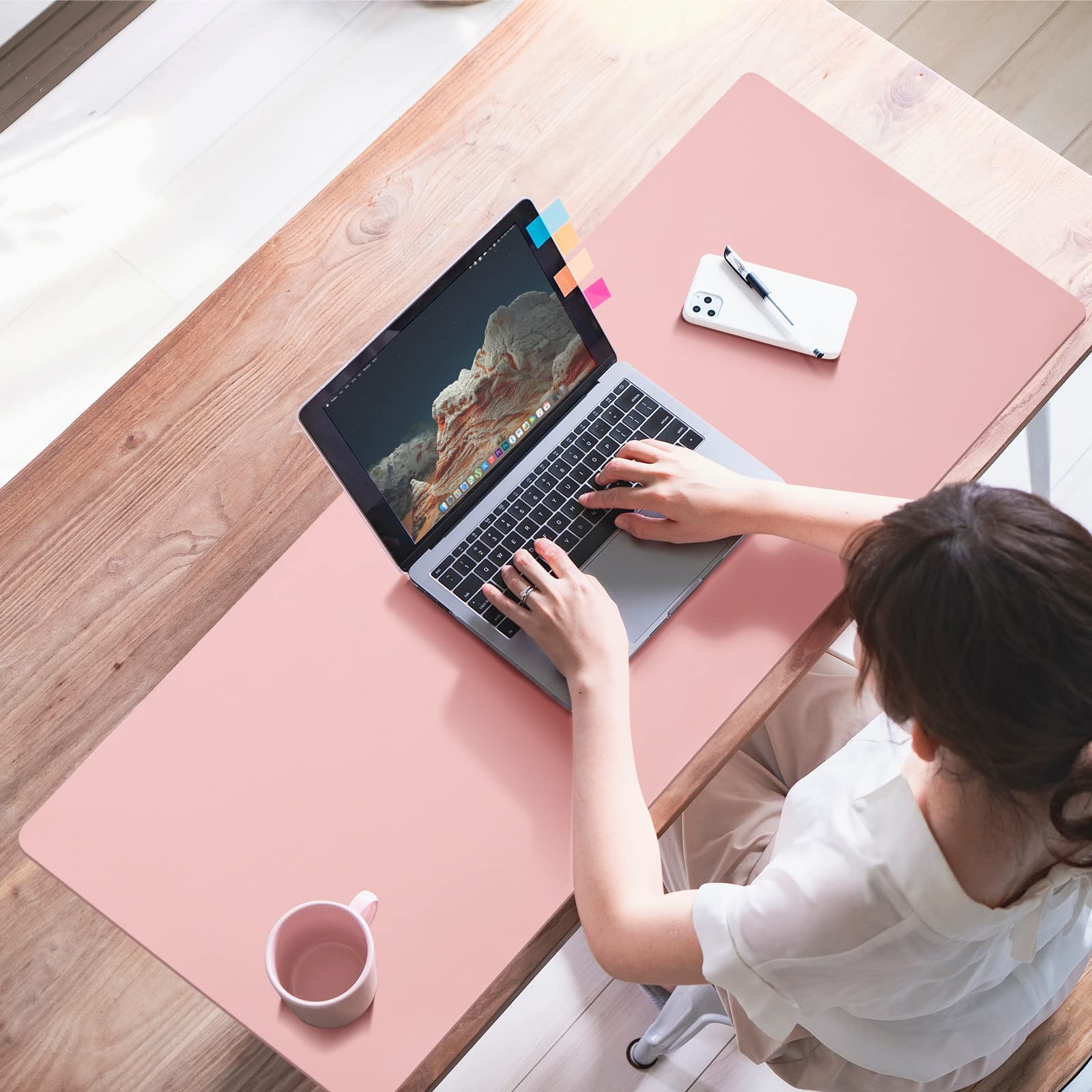 Premium Large Leather Desk Pad - Dual-Sided Office Desk Mat (24x12 Inch) - Extra Big Waterproof Mouse & Keyboard Pad - Light Pink/Light Blue - Perfect for Home Office, Gaming & Writing Workspace