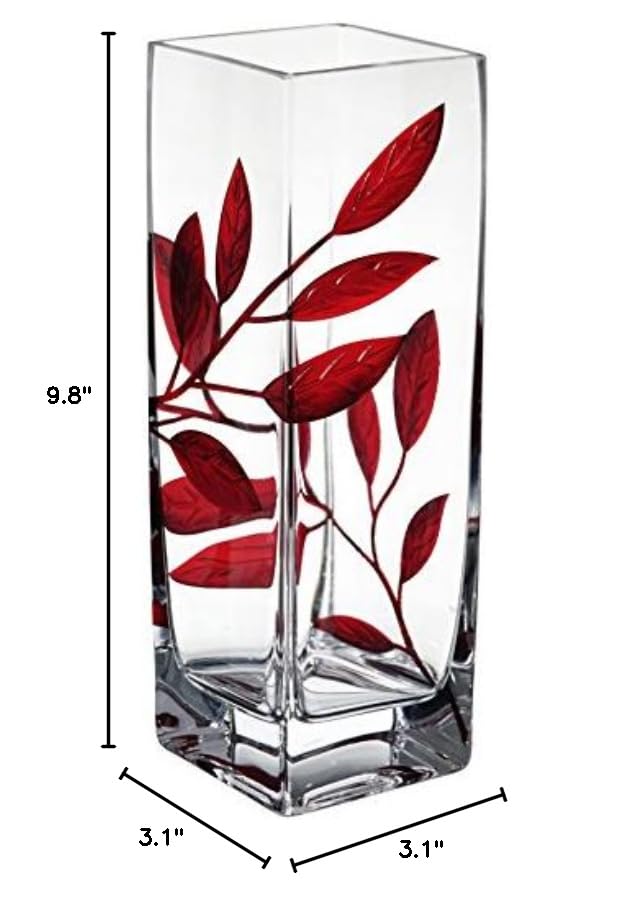 Luxury Hand Blown Glass Vase with Sandblasted Red Leaf Design - 9.7 Inch Clear Square Vase in Golden Gift Box - Elegant Home Decor for Living Room, Wedding Centerpiece, Housewarming Gift
