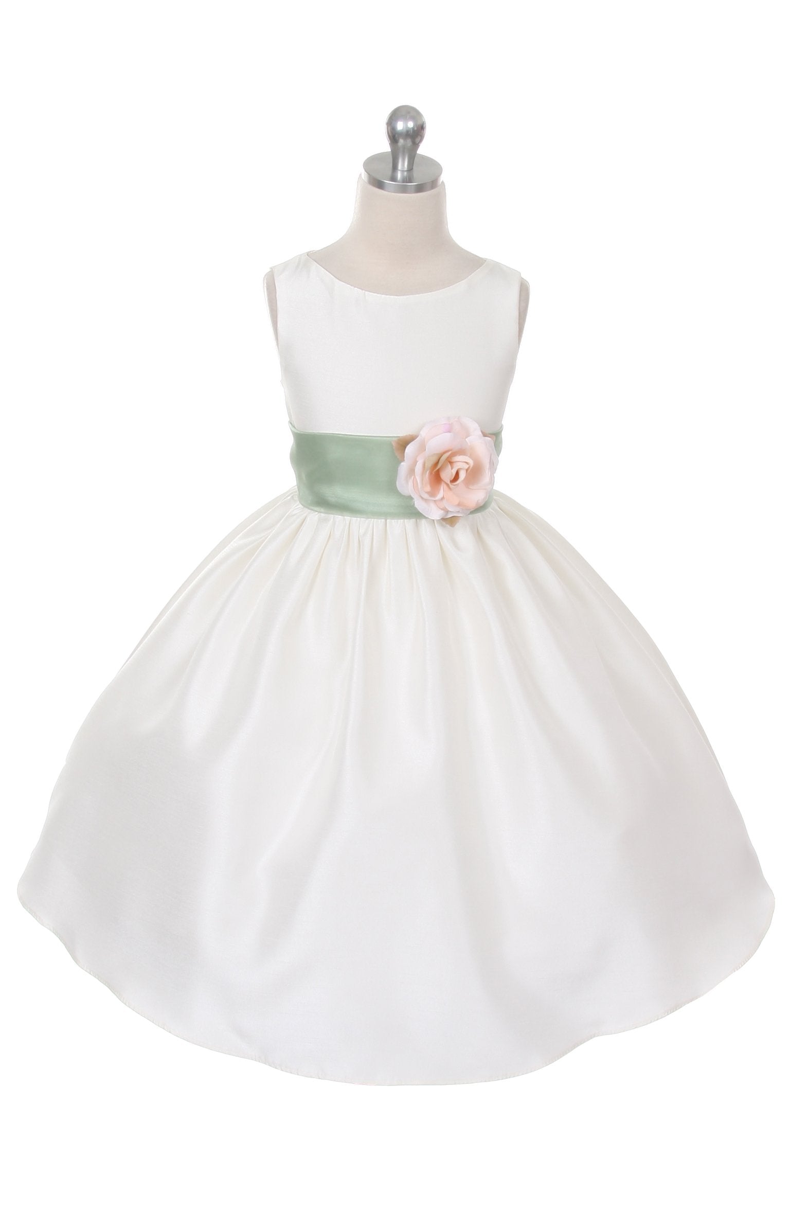 Ivory Classic Poly Silk Girls Dress with Organza Sash - Elegant Flower Girl Dress for Weddings, Parties & Special Occasions
