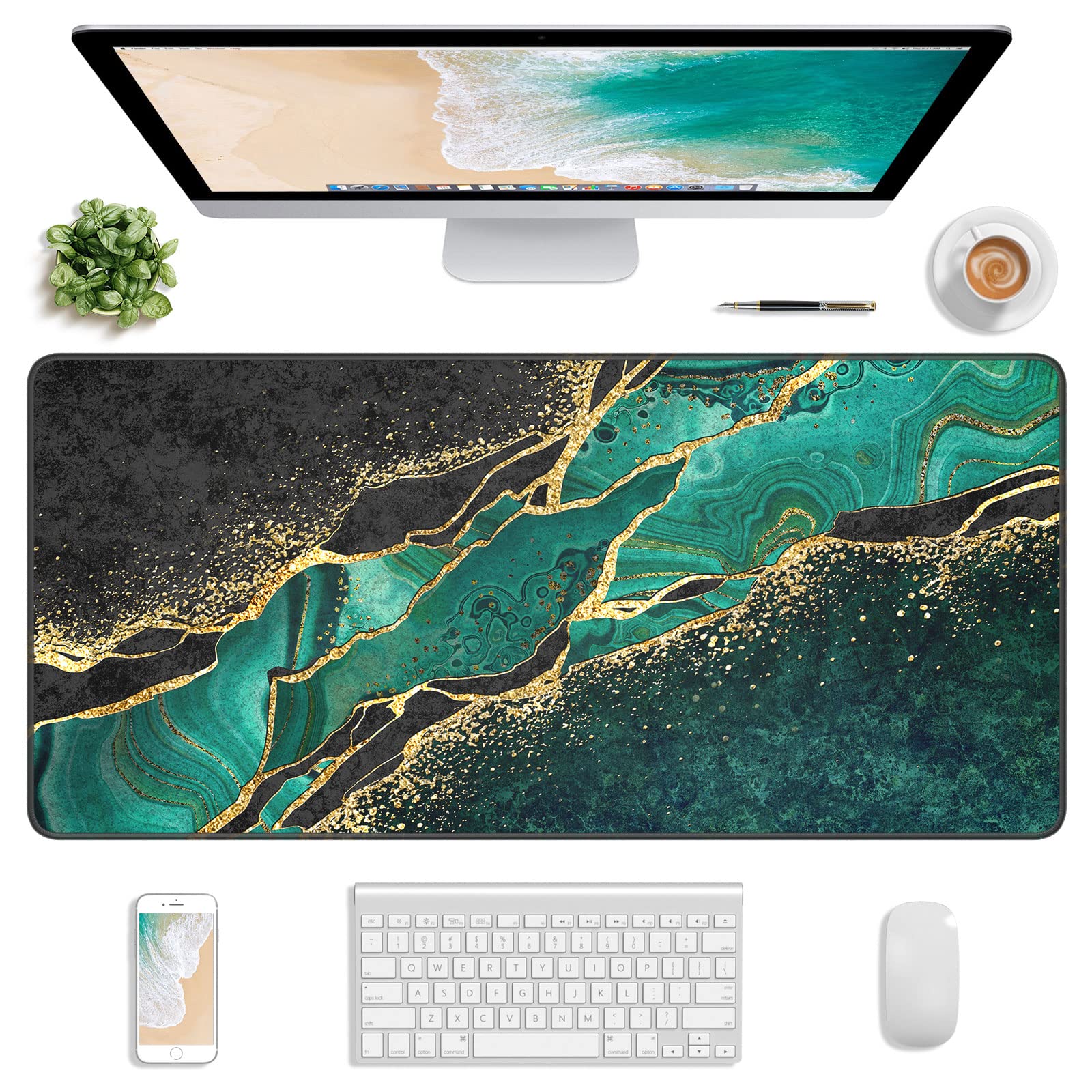 Atufsuat XXL Gaming Mouse Pad 30x14 Inch, Non-Slip Waterproof Desk Mat for Office & Gaming - Black Green Marble