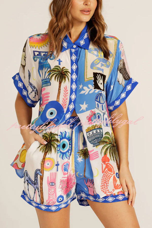 Stylish Printed Short Sleeve Casual Shirt & Elastic Waist Drawstring Shorts Set - Comfortable Summer Outfit for Beach, Travel and Daily Wear