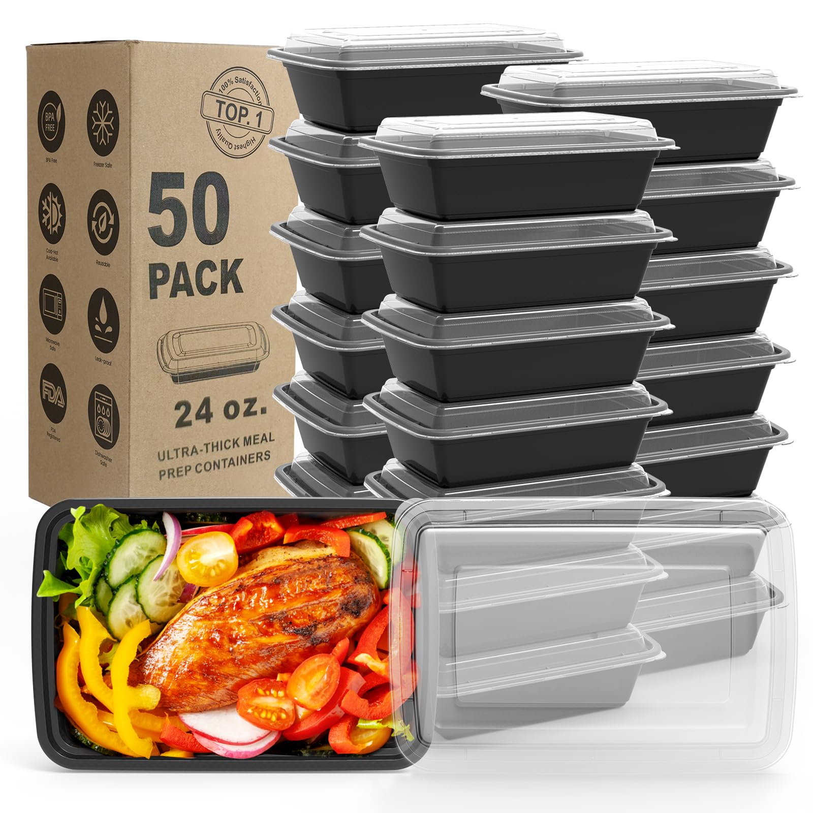 WGCC 50 Pack BPA-Free Meal Prep Containers - Extra Thick Reusable Plastic Food Storage Containers with Lids, 24 oz Stackable Lunch Boxes for Microwave, Dishwasher & Freezer Safe - Perfect for Meal Prepping, Office Lunches & Leftovers Storage