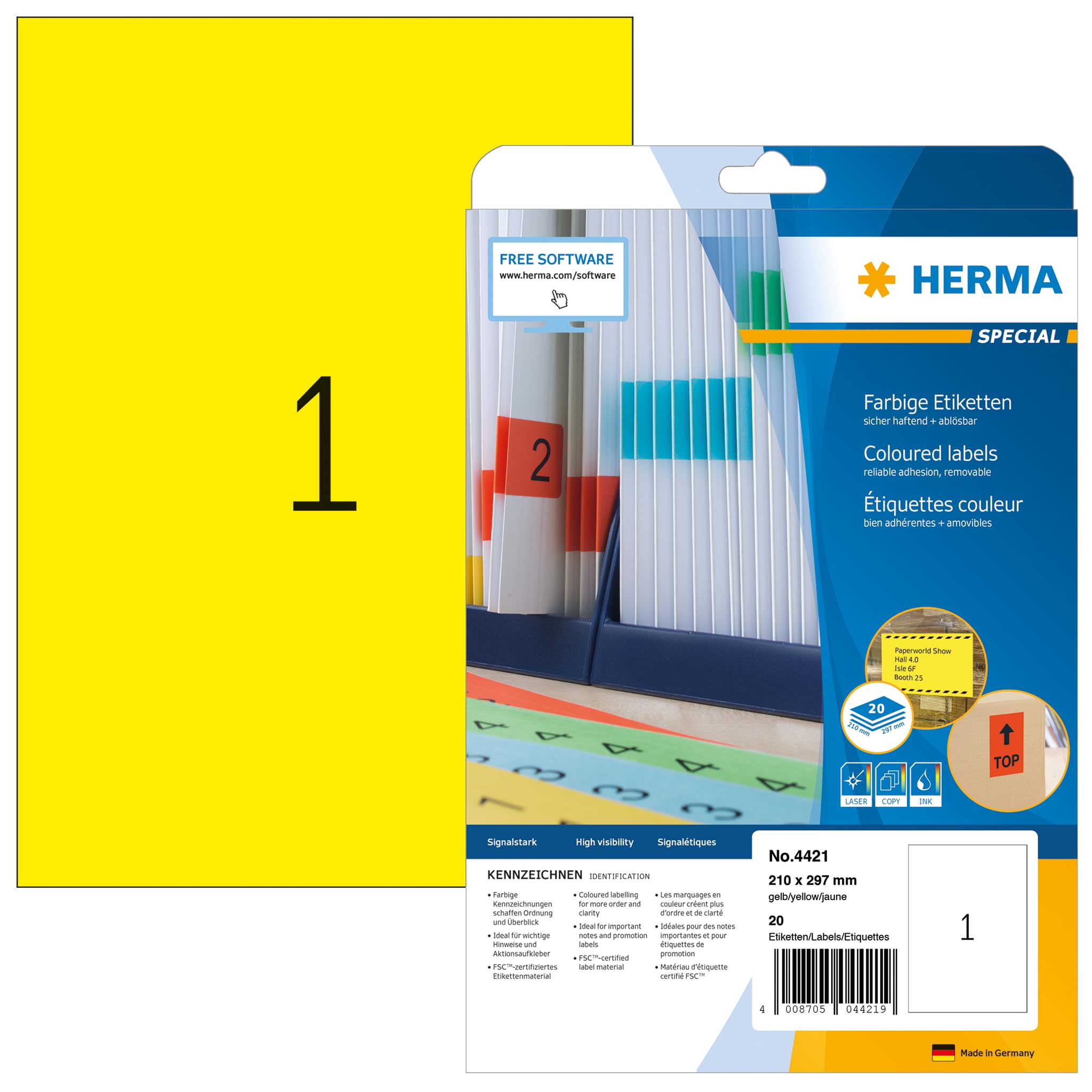HERMA 4421 Self Adhesive Colored Labels - 20 Blank Removable Sticker Sheets (1 Label per A4 Sheet, 210x297mm) for Laser & Inkjet Printers - Yellow Sticky Labels for Office Organization, Shipping & Packaging