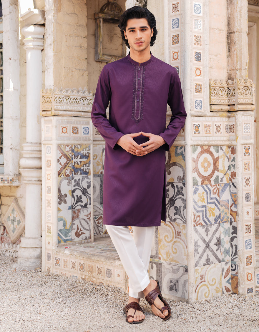 Blended Dark Purple Kurta by J. Junaid Jamshed | Premium Cotton Embroidered Pakistani Traditional Dress for Women | Perfect for Eid, Weddings & Special Occasions