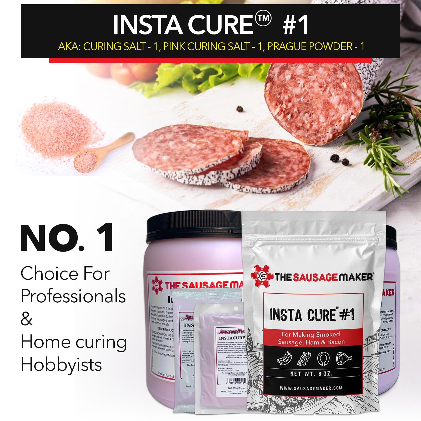 Insta Cure #1 - 1 Lb Pink Curing Salt | Prague Powder for Meat, Sausage, Ham & Bacon | Quick Cure Made in USA by The Sausage Maker® | Perfect for Home Curing, Charcuterie & Food Preservation