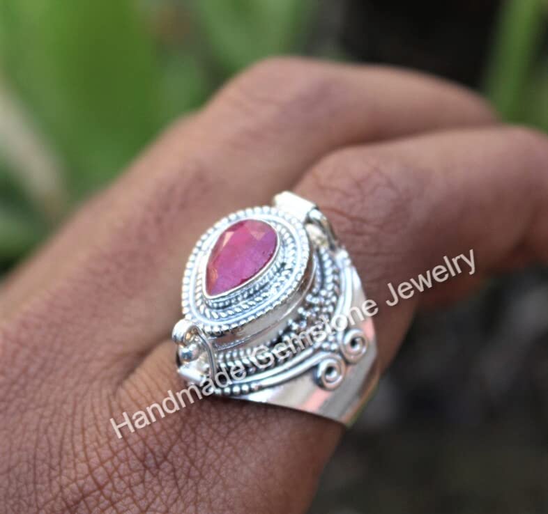 Handmade Poison Box Ring with Red Ruby Gemstone - Unique Teardrop Pear Stone Locket Ring for Gothic Jewelry & Vintage Fashion Accessories