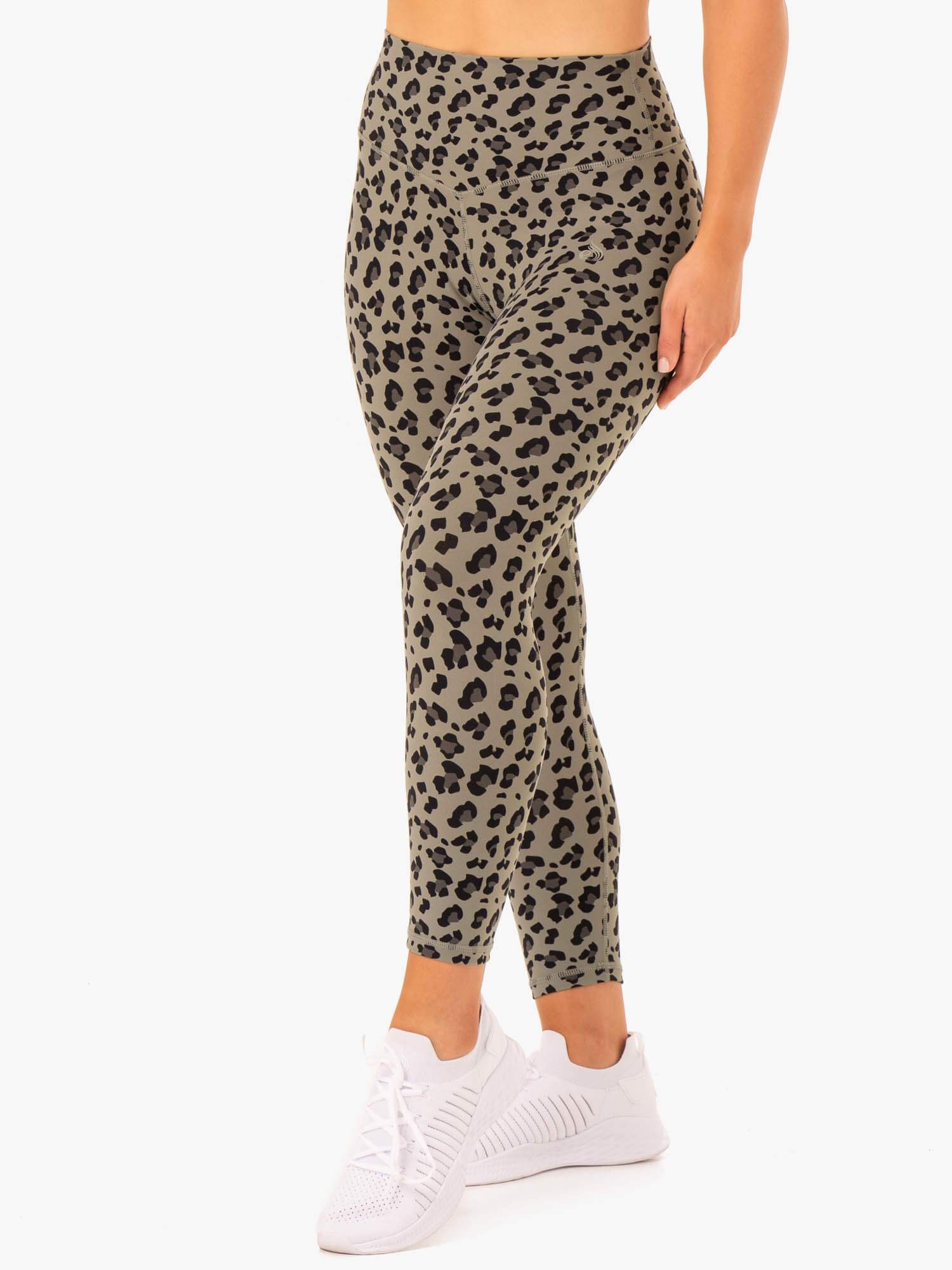 Hybrid Full Length Leggings - Khaki Leopard Print Yoga Pants for Women | High Waisted Workout Leggings for Running, Gym & Lounge