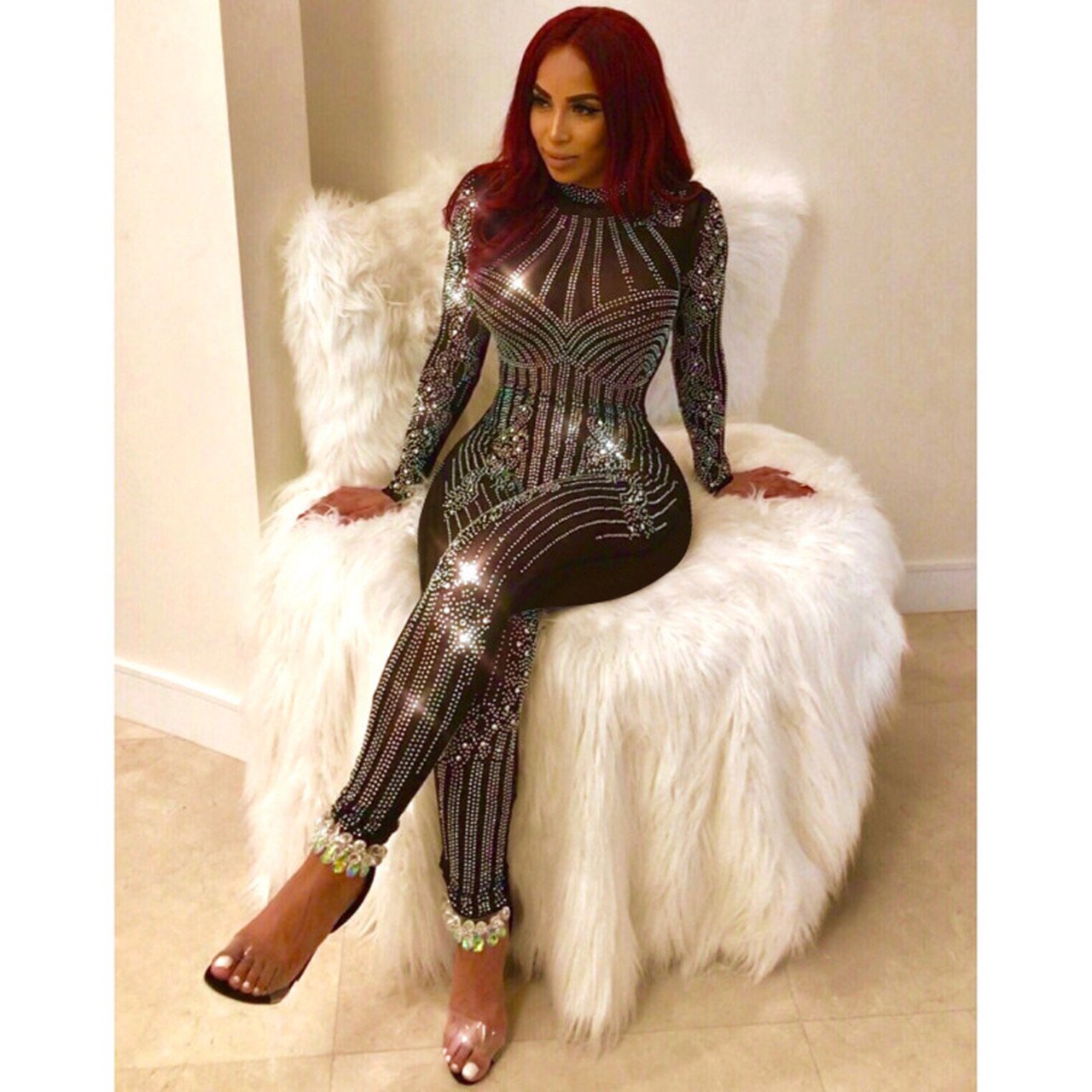 JEYKAY Women's Sexy Mesh See-Through Rhinestone Pantsuit - Geometric Tattoo Print Clubwear Jumpsuit for Party & Night Out (Black, Medium) | Perfect for Cocktail Parties, Clubbing, and Festive Occasions