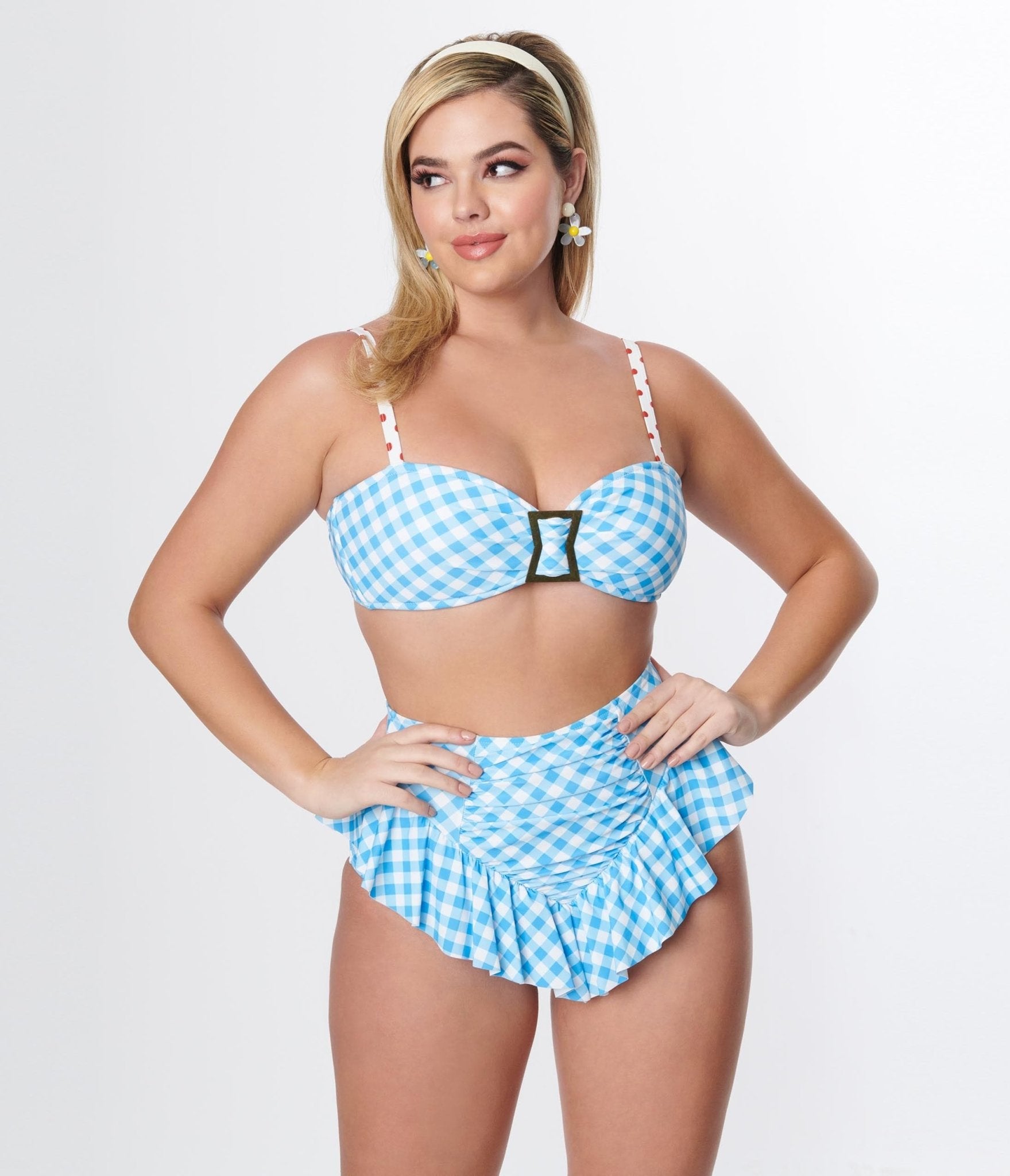 Vintage Blue Gingham Buckle Swim Top - Retro Style Adjustable Swimwear for Women - Perfect for Beach, Pool, and Summer Vacations