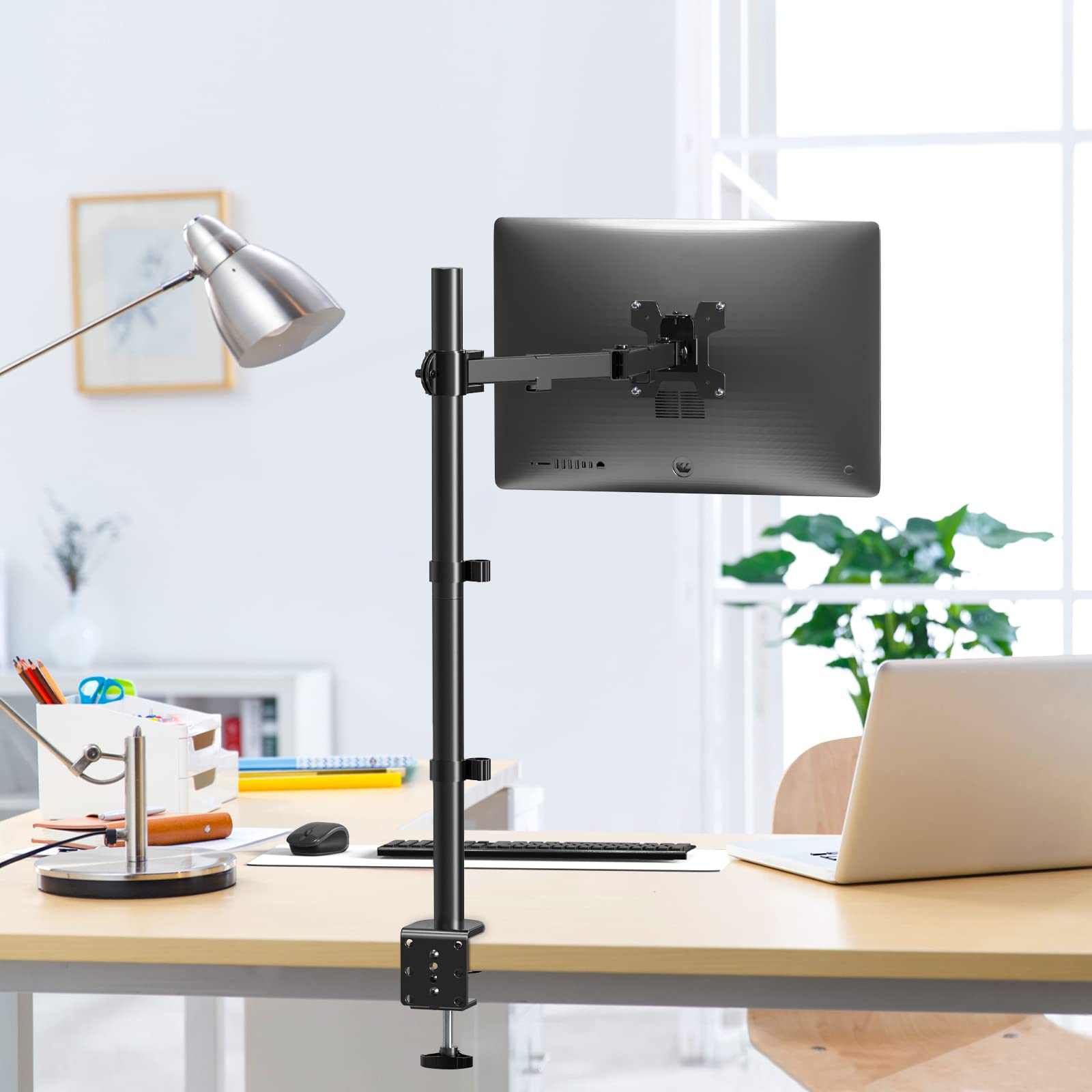 WALI Extra Tall Single Monitor Arm Mount for Desk - Heavy Duty Adjustable Stand for 13-32 inch Screens up to 22 lbs (M001XL, Black) - Perfect for Home Office, Gaming Setup & Workspace Ergonomics