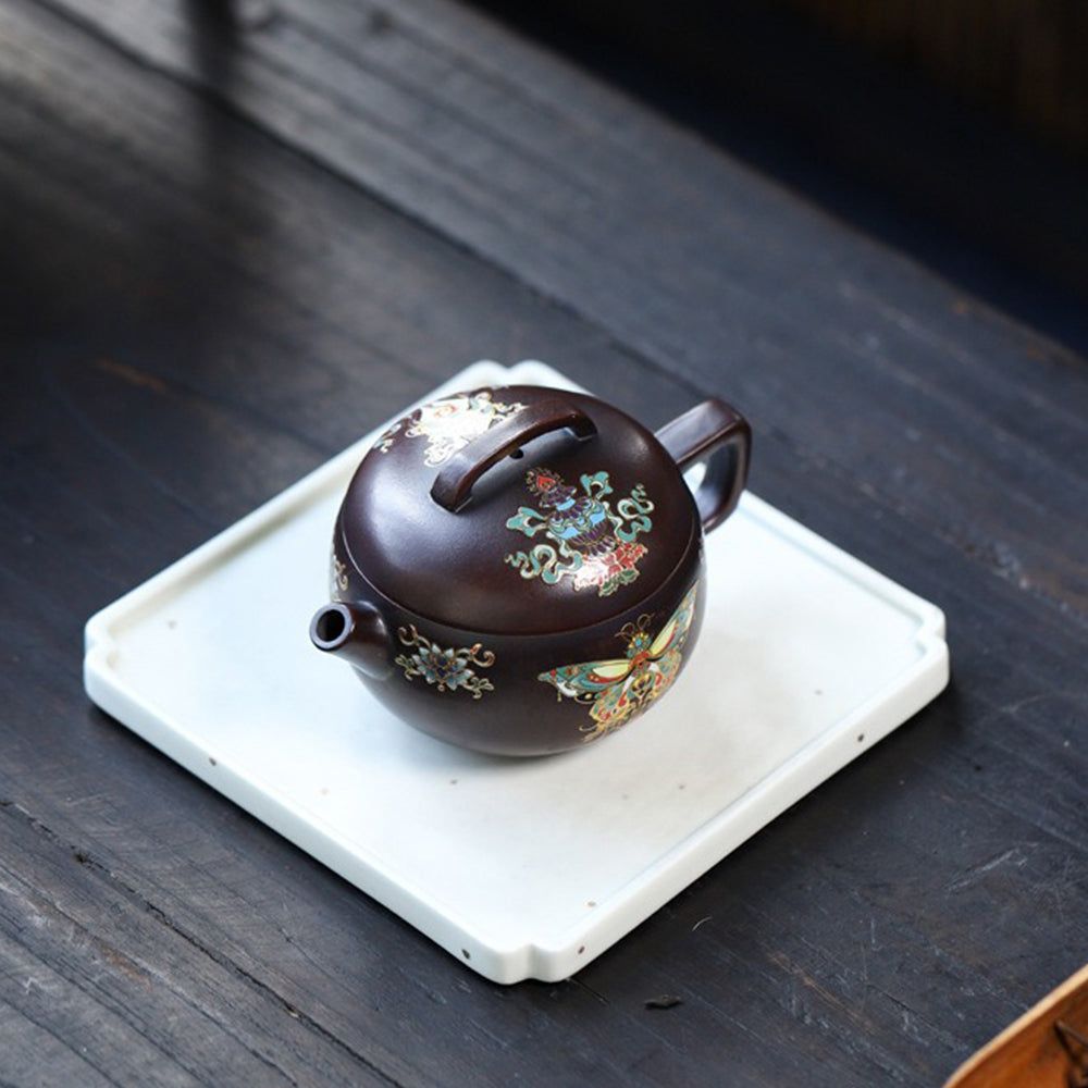 Premium Yixing Purple Clay Teapot with Enamel Butterfly Design - Handcrafted Chinese Gongfu Tea Pot for Loose Leaf Tea Brewing - Perfect for Tea Ceremonies, Home Decor & Gifts